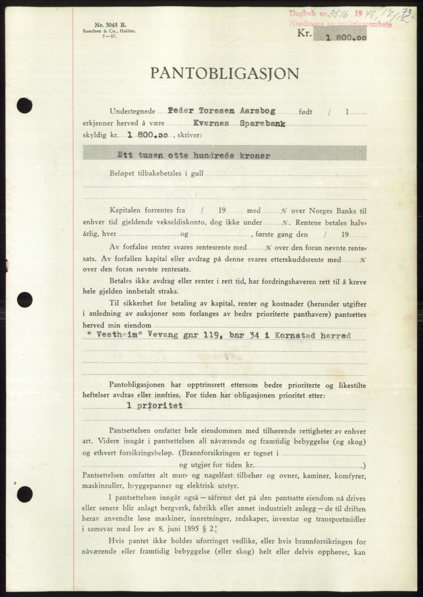 Nordmøre sorenskriveri, AV/SAT-A-4132/1/2/2Ca: Mortgage book no. B100, 1948-1949, Diary no: : 3516/1948