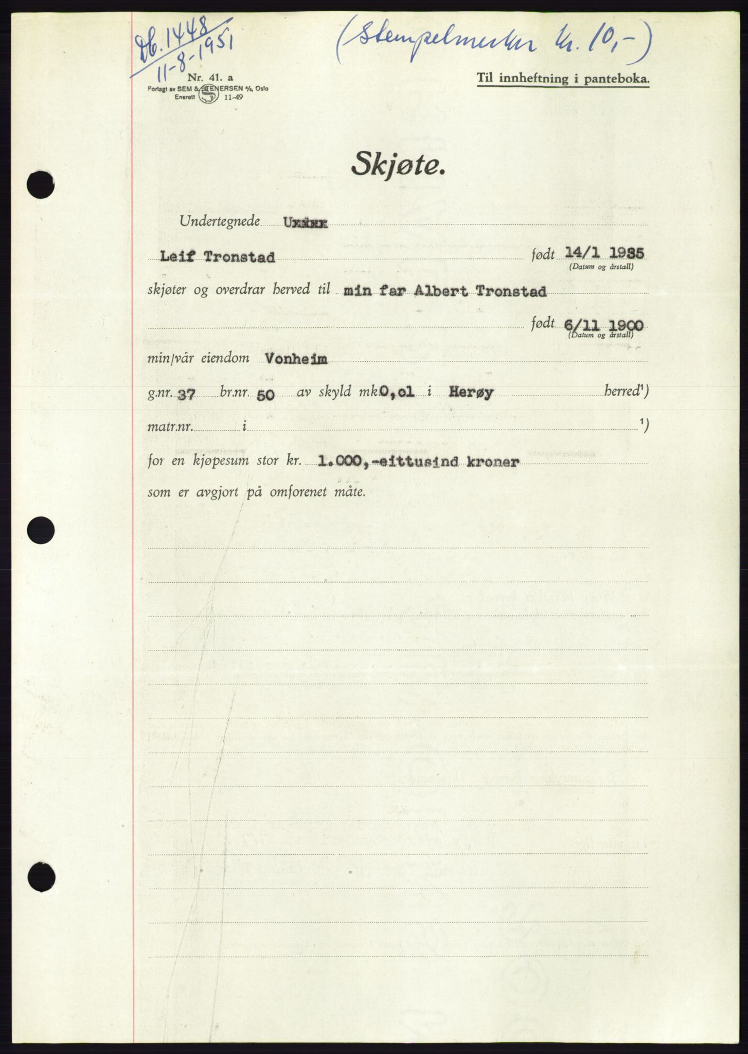 Søre Sunnmøre sorenskriveri, AV/SAT-A-4122/1/2/2C/L0089: Mortgage book no. 15A, 1951-1951, Diary no: : 1448/1951