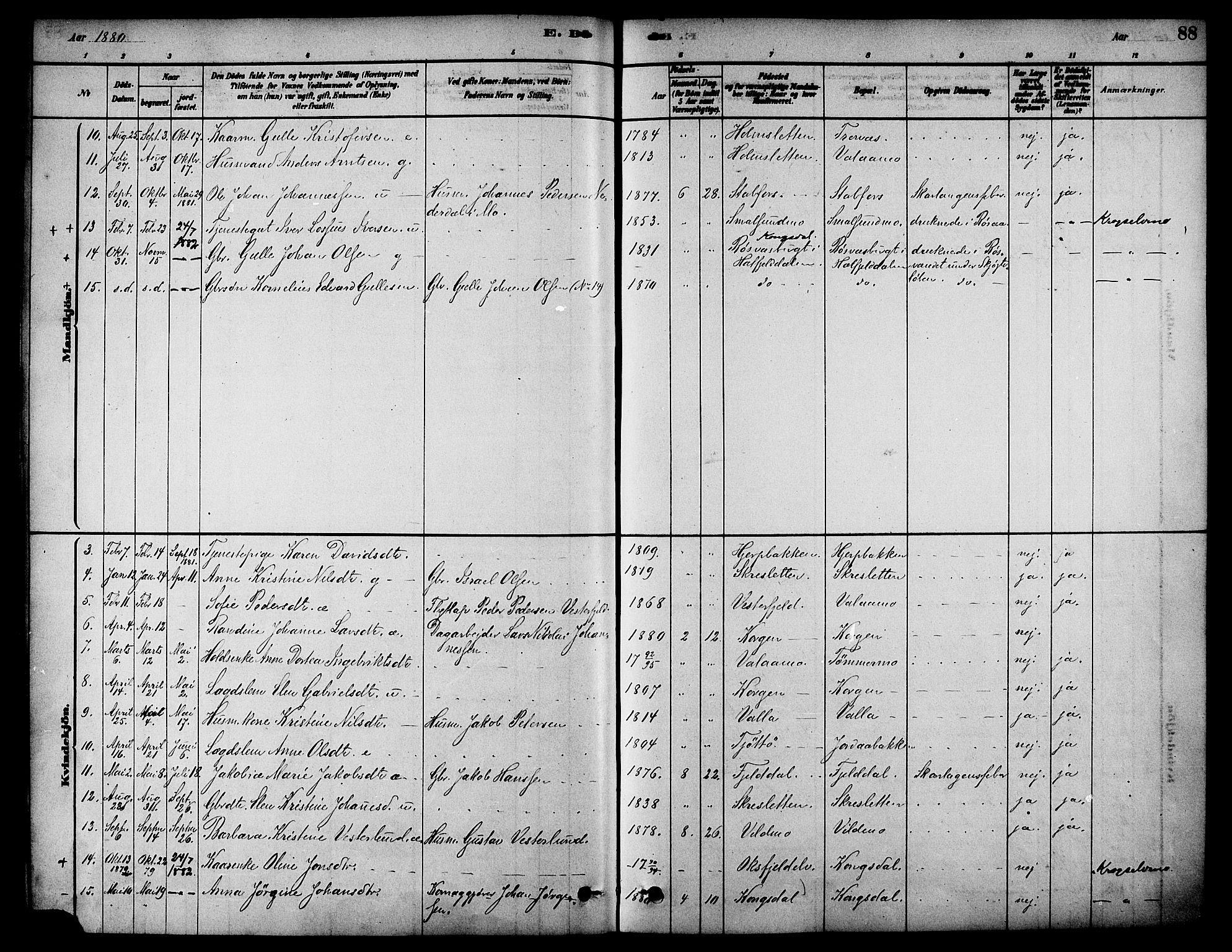 Ministerialprotokoller, klokkerbøker og fødselsregistre - Nordland, AV/SAT-A-1459/826/L0379: Parish register (official) no. 826A02, 1878-1895, p. 88