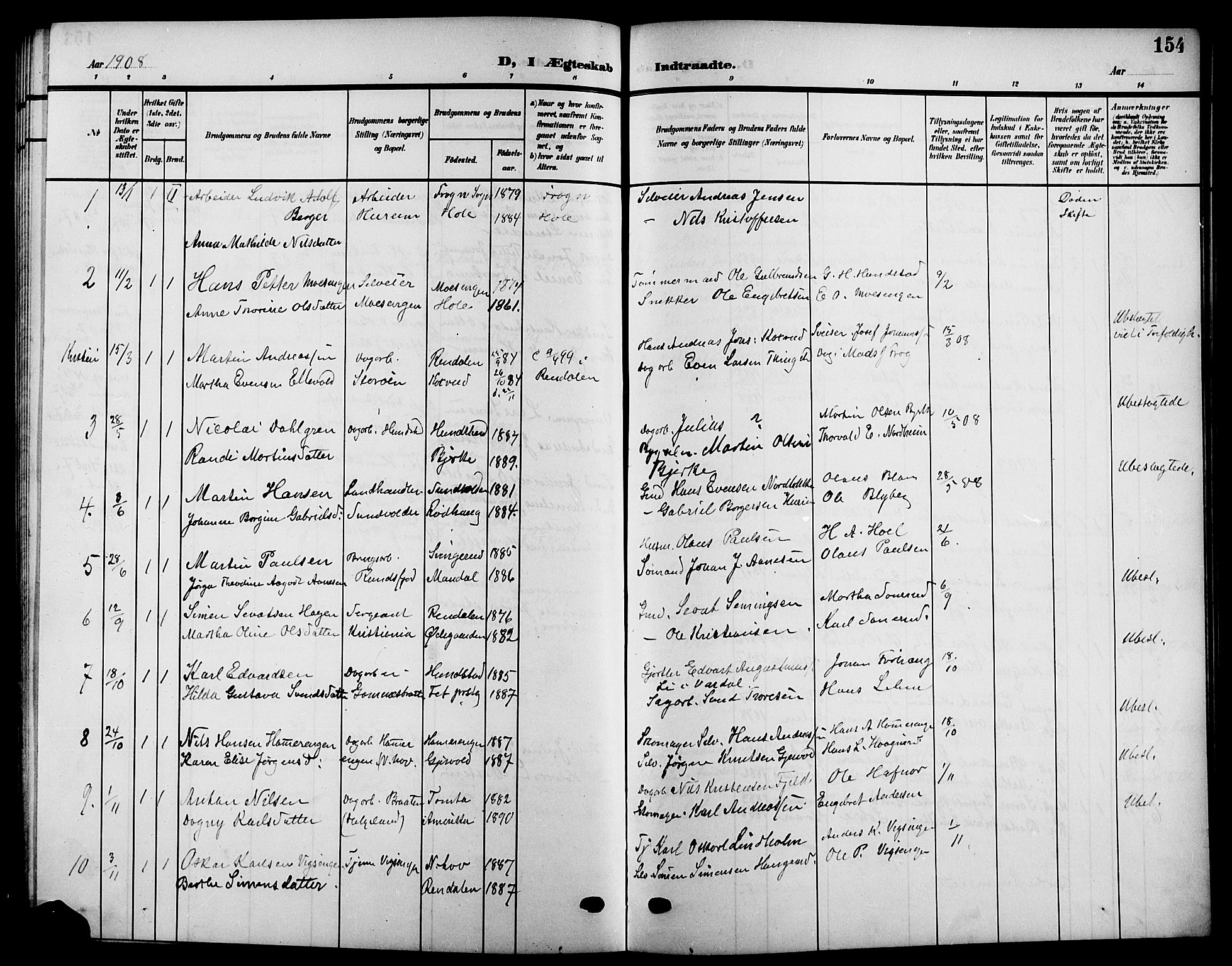 Hole kirkebøker, SAKO/A-228/G/Ga/L0004: Parish register (copy) no. I 4, 1905-1924, p. 154