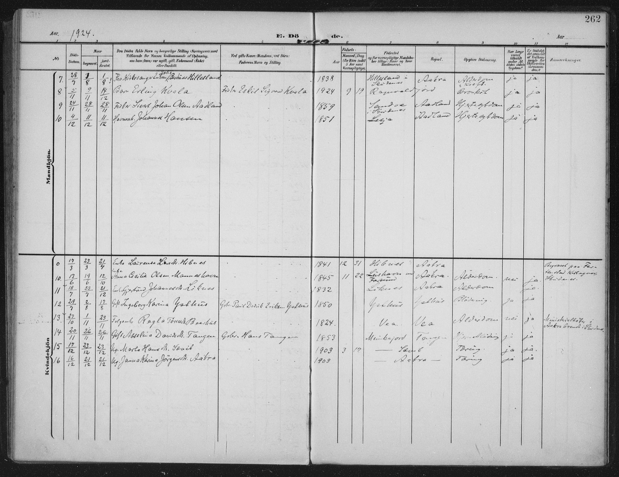 Kopervik sokneprestkontor, SAST/A-101850/H/Ha/Haa/L0005: Parish register (official) no. A 5, 1906-1924, p. 262