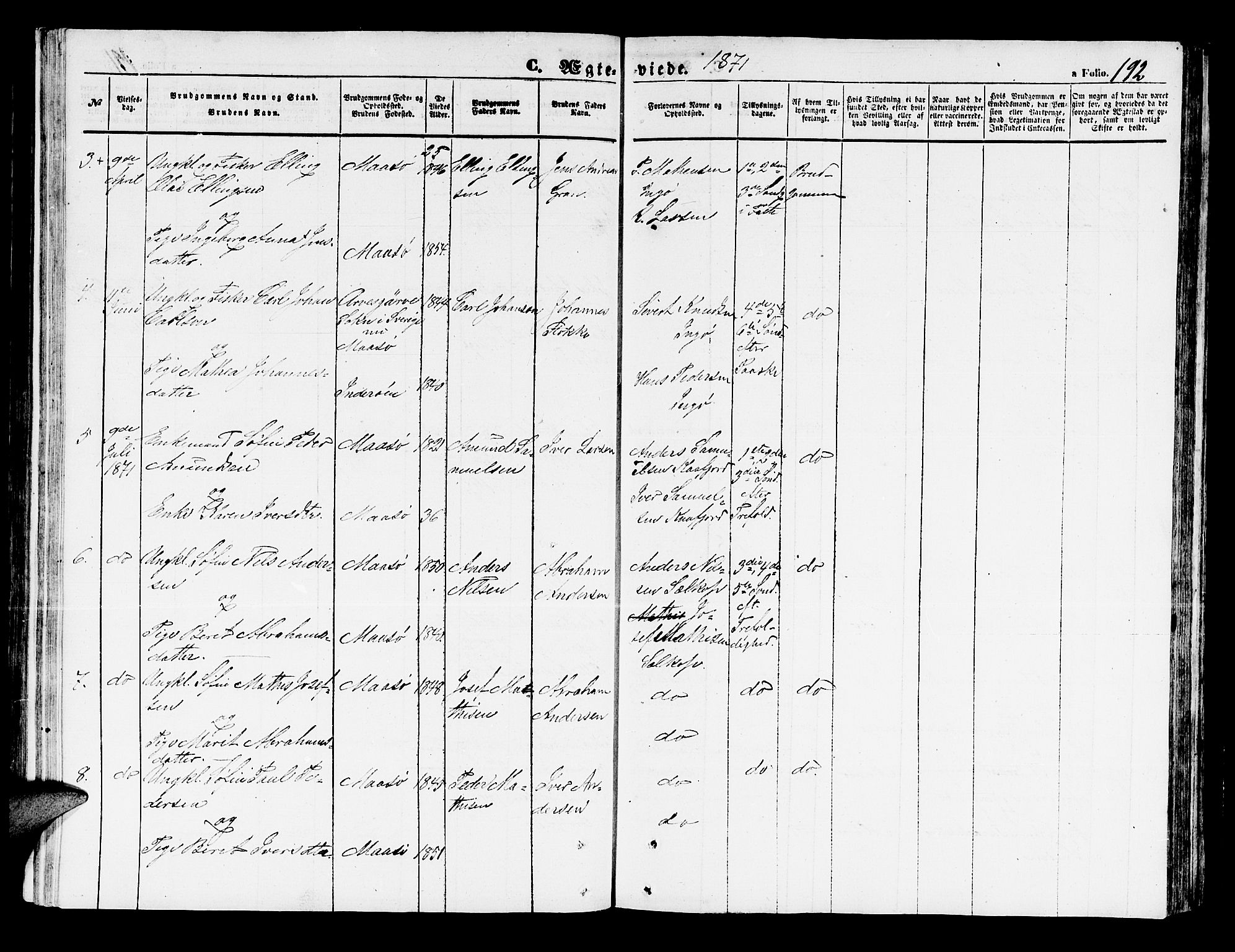 Måsøy sokneprestkontor, AV/SATØ-S-1348/H/Hb/L0001klokker: Parish register (copy) no. 1, 1852-1877, p. 192