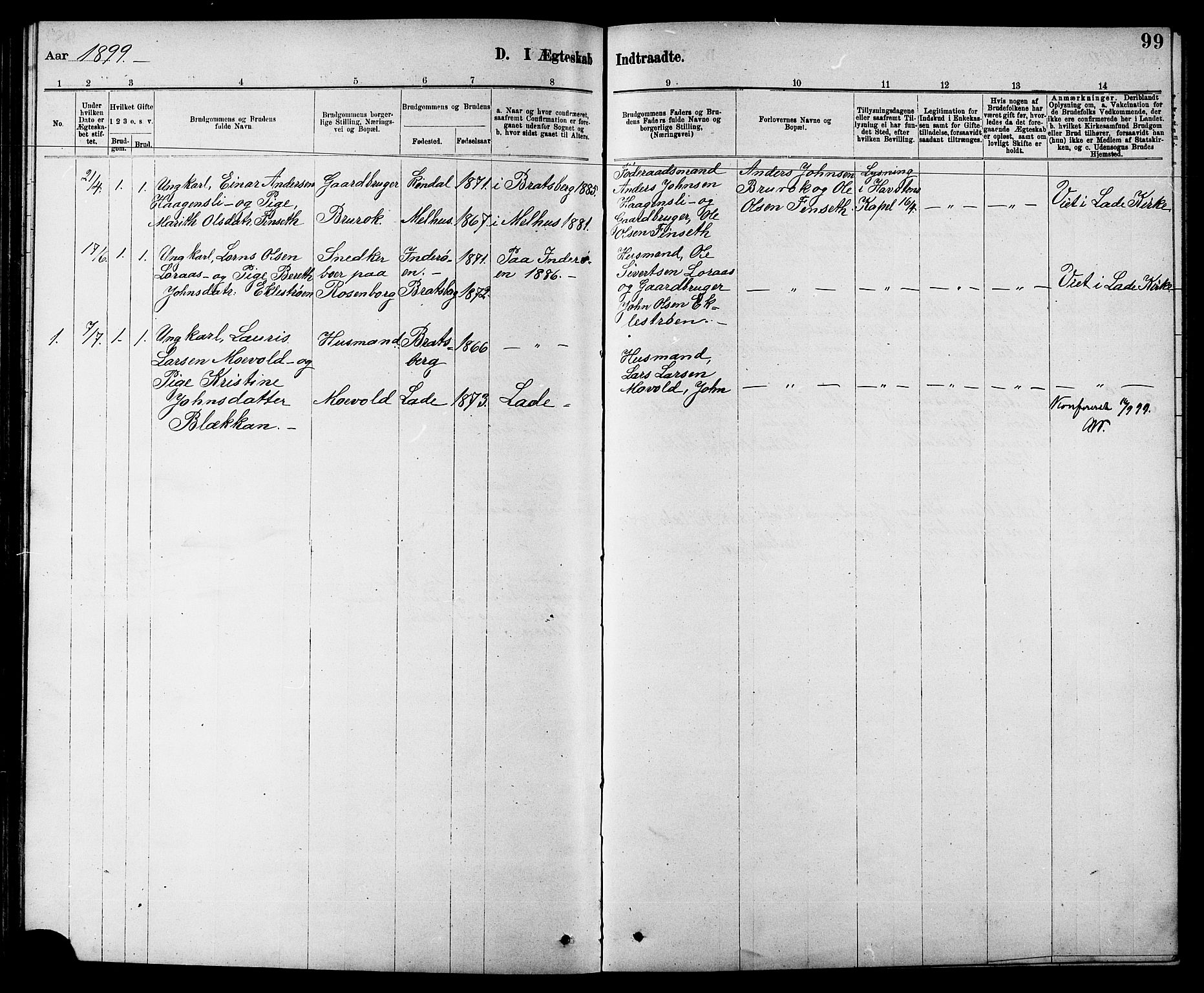 Ministerialprotokoller, klokkerbøker og fødselsregistre - Sør-Trøndelag, AV/SAT-A-1456/608/L0341: Parish register (copy) no. 608C07, 1890-1912, p. 99