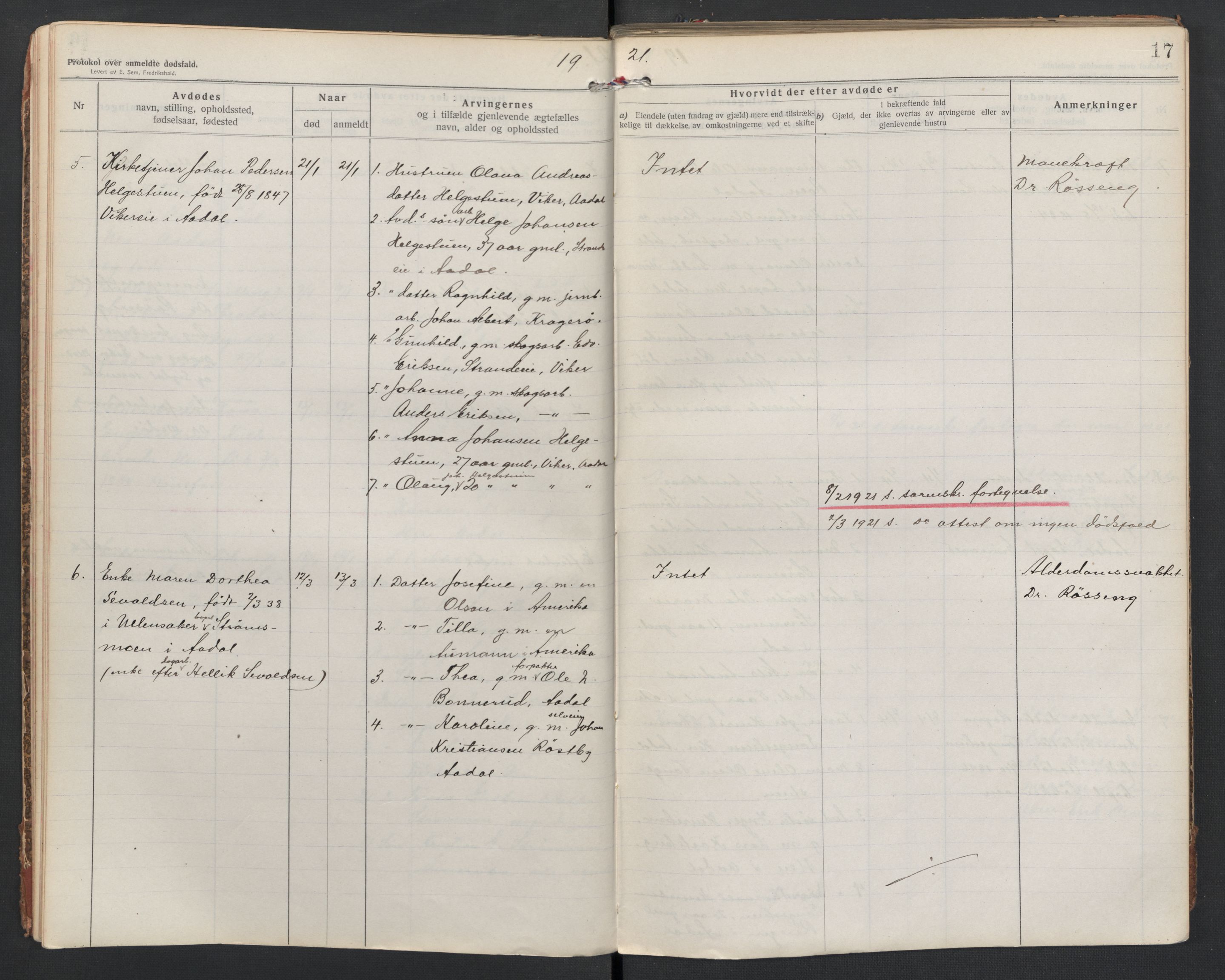 Ådal lensmannskontor, SAKO/A-518/H/Ha/L0001/0002: Dødsfallsprotokoll  / Dødsfallsprotokoll 2, 1919-1942, p. 17