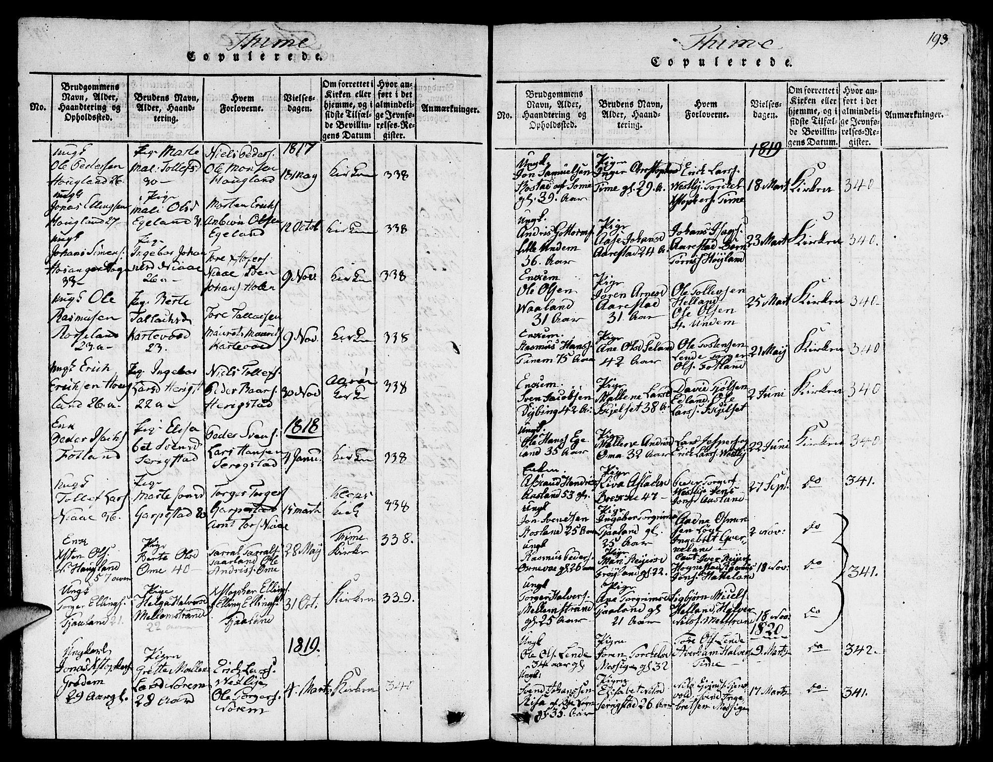 Lye sokneprestkontor, AV/SAST-A-101794/001/30BB/L0001: Parish register (copy) no. B 1 /1, 1816-1826, p. 193