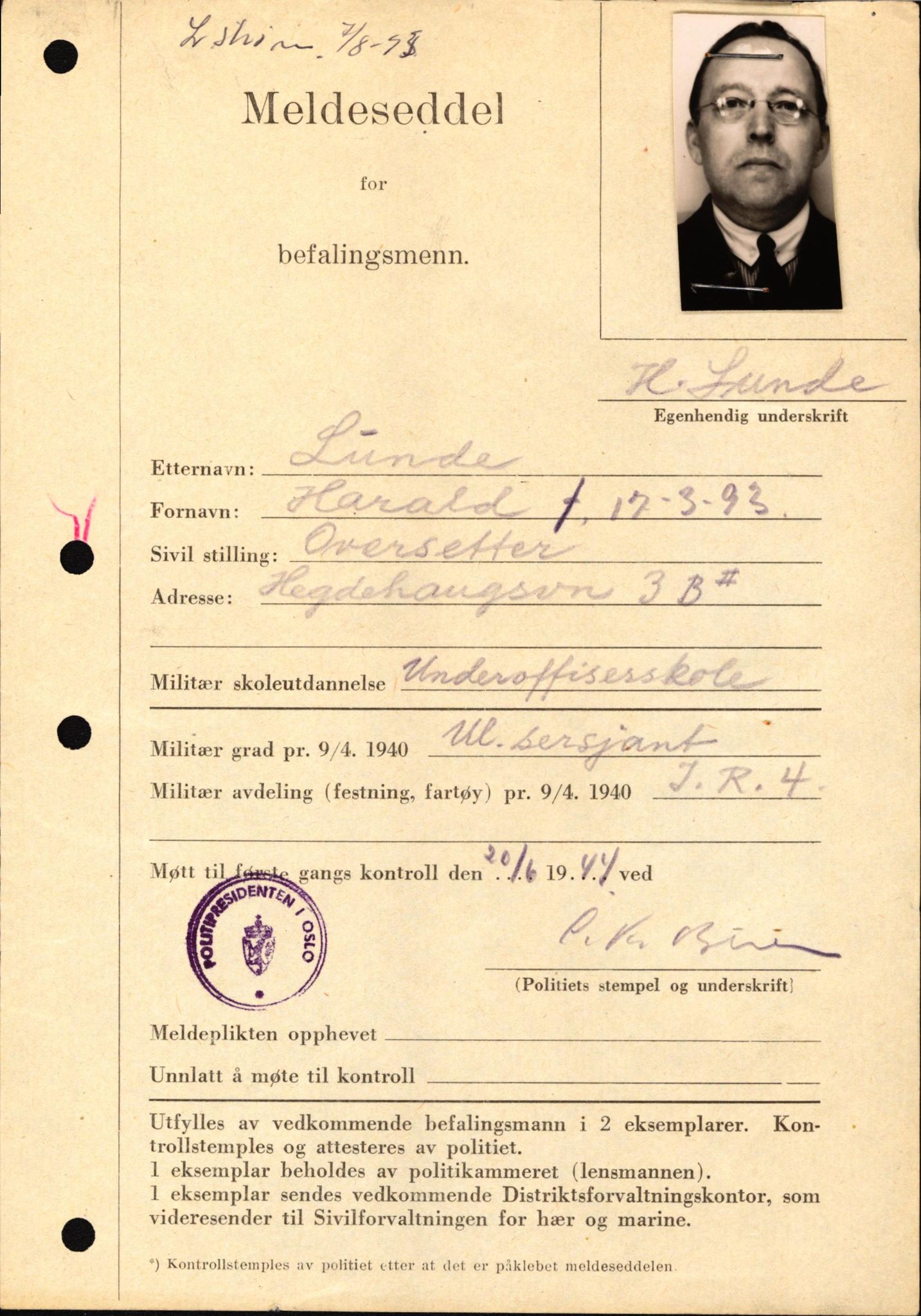 Forsvaret, Forsvarets krigshistoriske avdeling, AV/RA-RAFA-2017/Y/Yf/L0209: II-C-11-2121  -  Okkupasjonstiden.  Meldesedler for befal med foto og oppl. om militær grad 9. apr. 1940., 1944-1945, p. 120