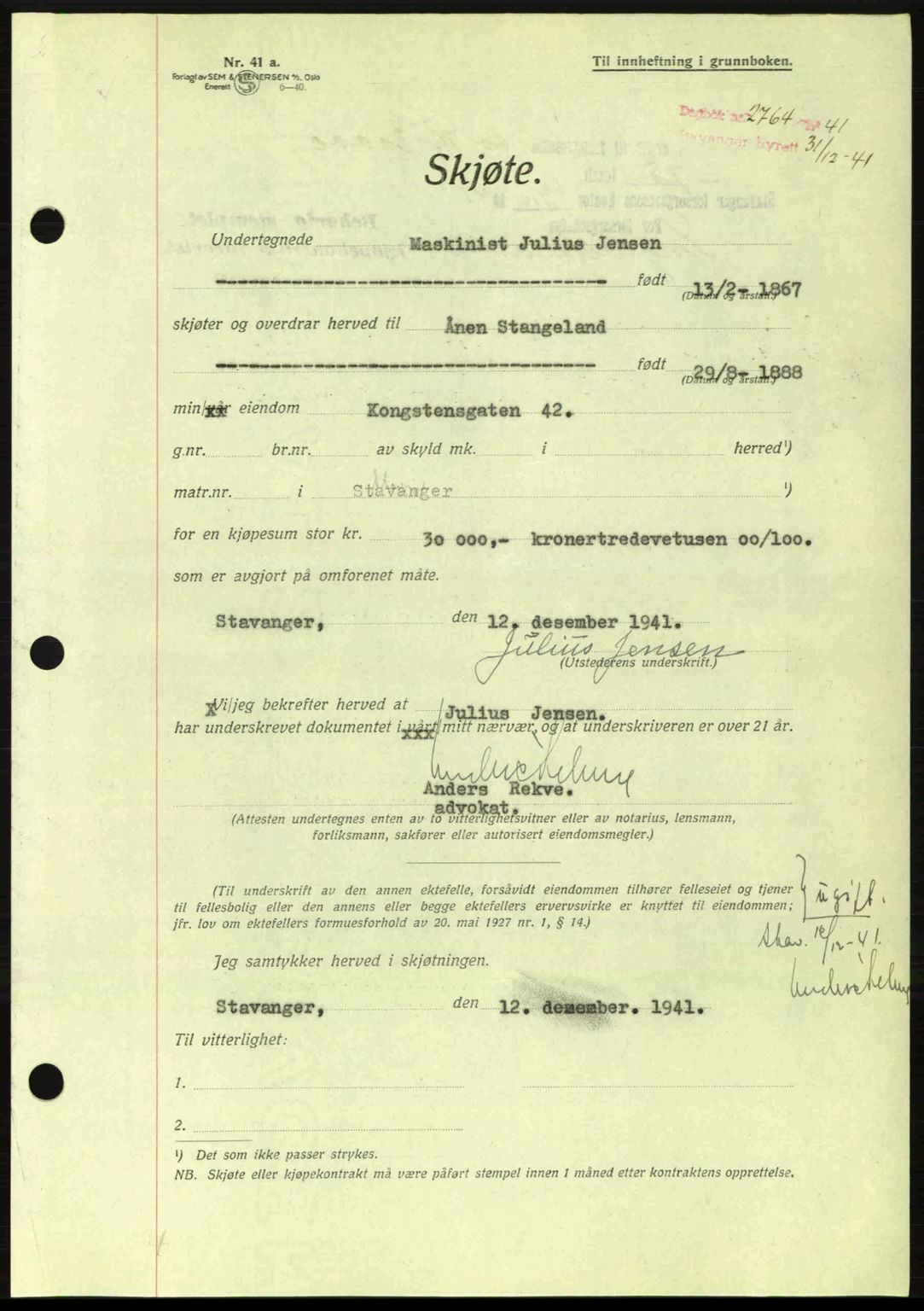 Stavanger byrett, SAST/A-100455/002/G/Gb/L0017: Mortgage book no. A7, 1941-1943, Diary no: : 2764/1941