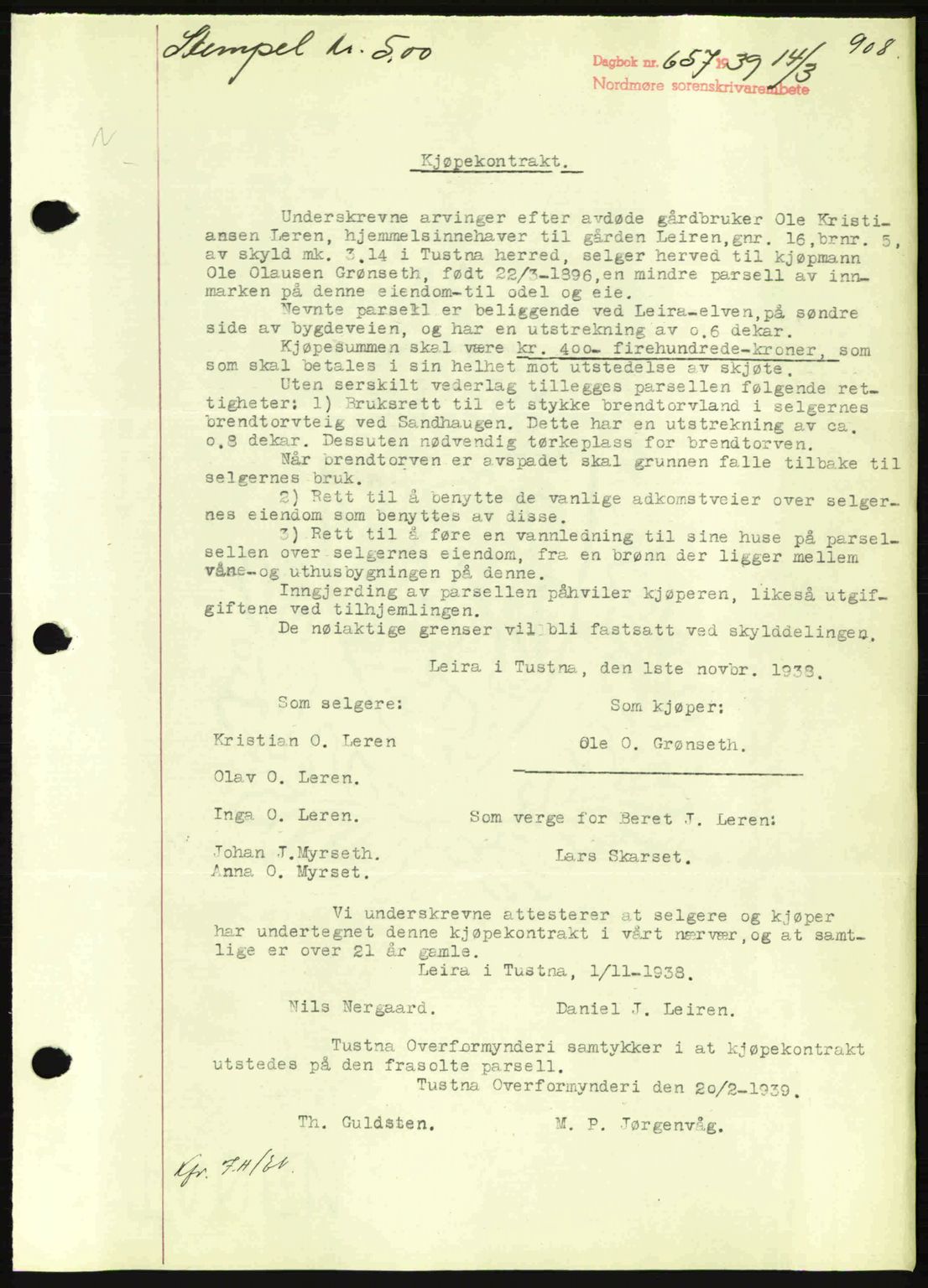 Nordmøre sorenskriveri, SAT/A-4132/1/2/2Ca: Mortgage book no. B84, 1938-1939, Diary no: : 657/1939