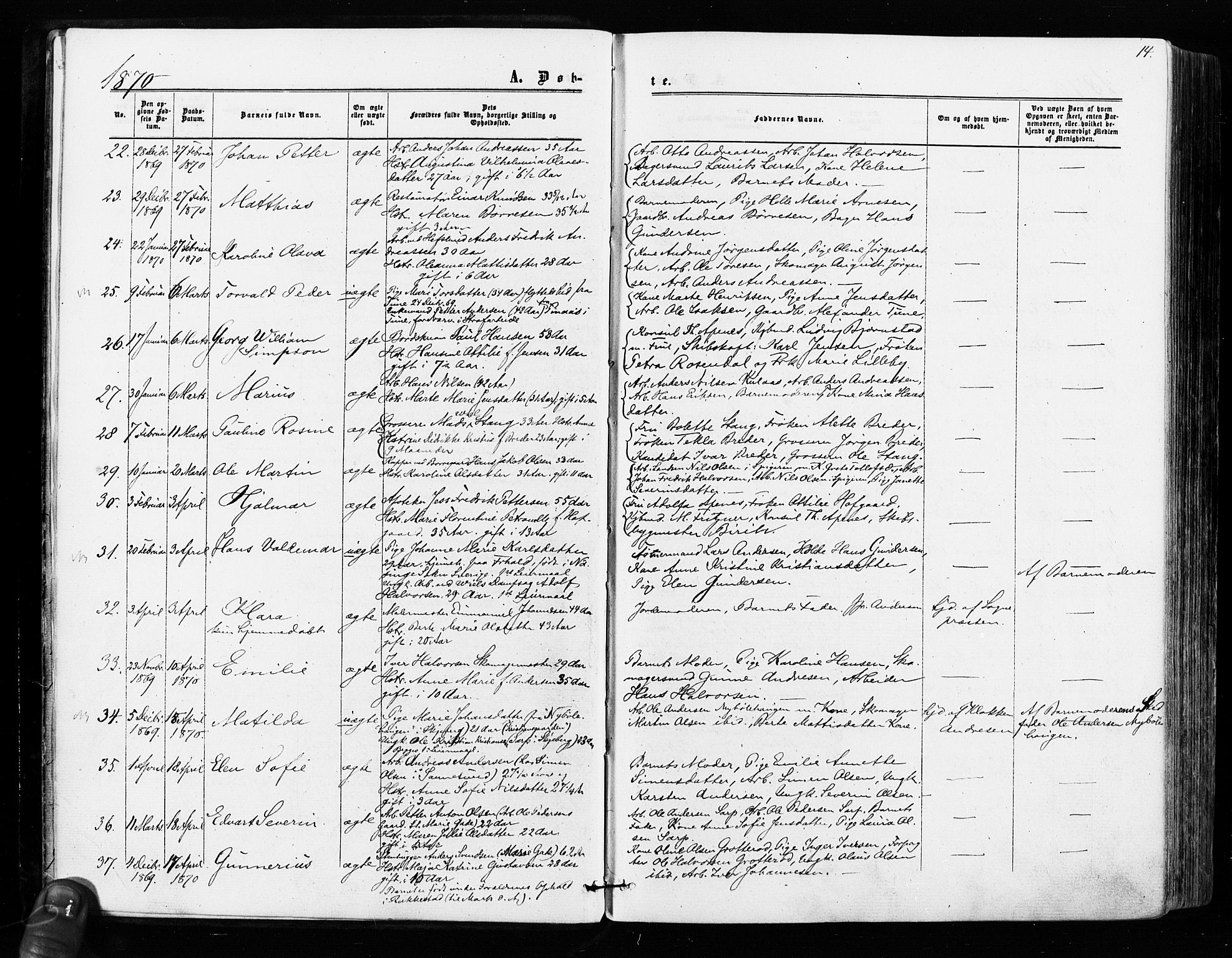 Sarpsborg prestekontor Kirkebøker, SAO/A-2006/F/Fa/L0002: Parish register (official) no. 2, 1869-1877, p. 14