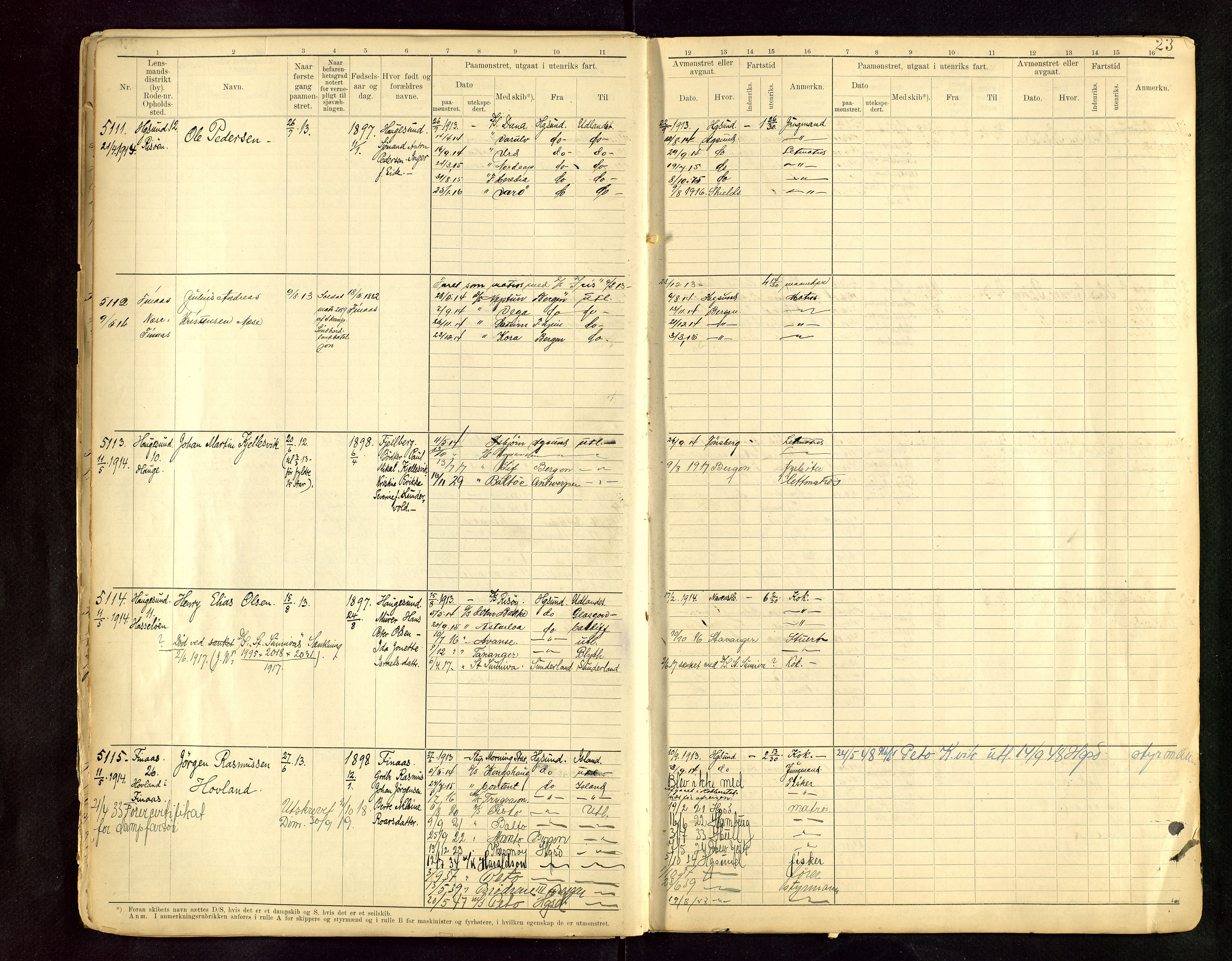 Haugesund sjømannskontor, AV/SAST-A-102007/F/Fb/Fbb/L0015: Sjøfartsrulle A Haugesund krets I nr 5001-8970, 1912-1948, p. 23