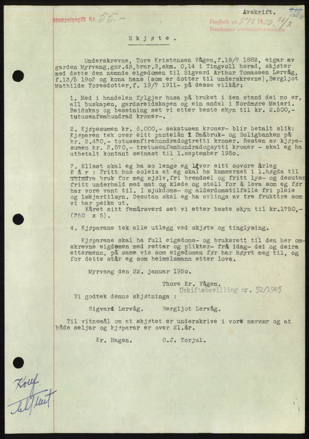 Nordmøre sorenskriveri, AV/SAT-A-4132/1/2/2Ca: Mortgage book no. A114, 1950-1950, Diary no: : 578/1950