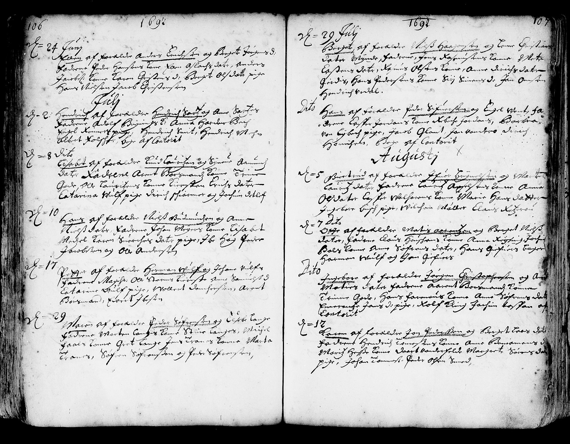 Korskirken sokneprestembete, SAB/A-76101/H/Haa/L0002: Parish register (official) no. A 2, 1688-1697, p. 106-107