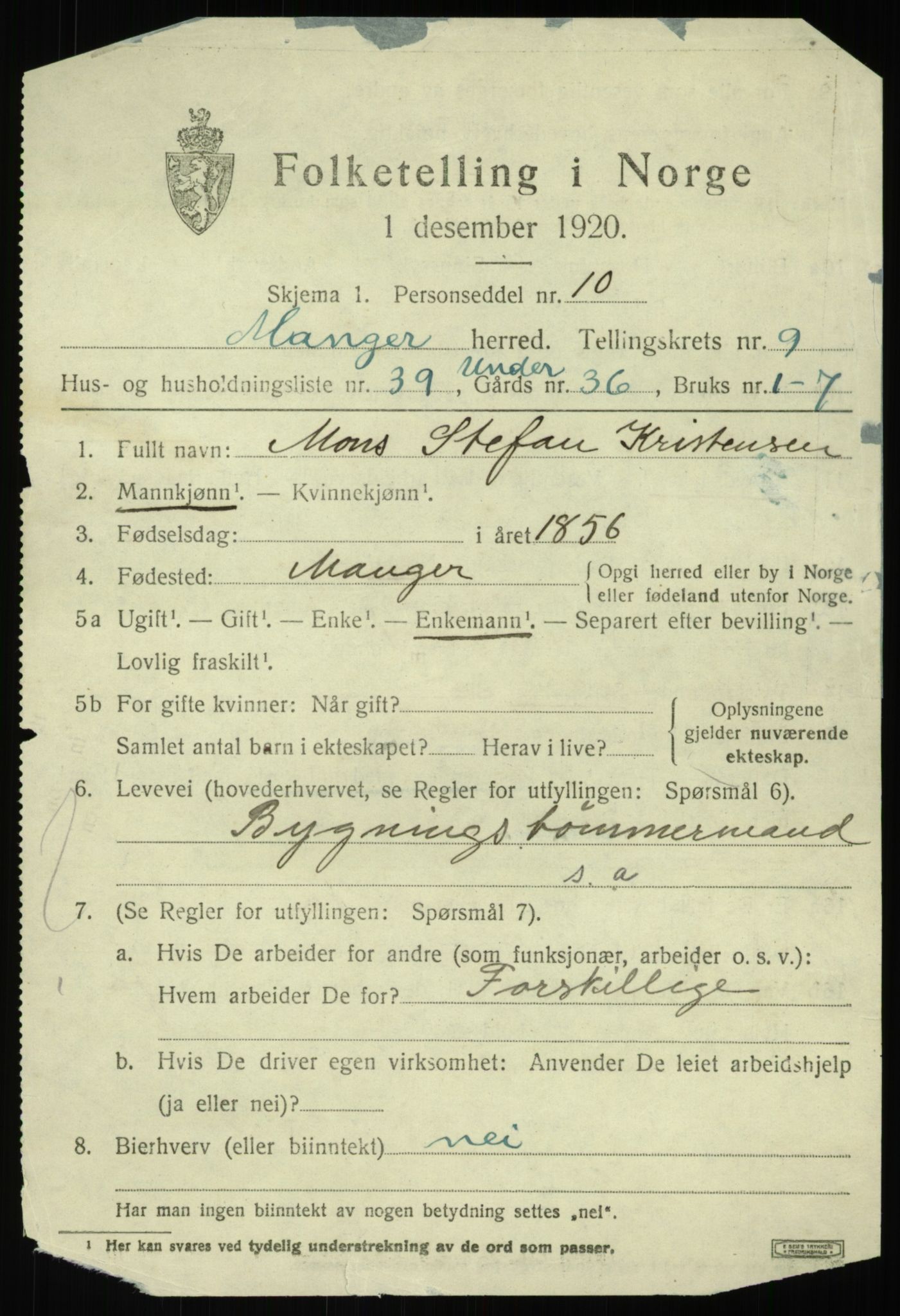 SAB, 1920 census for Manger, 1920, p. 6008