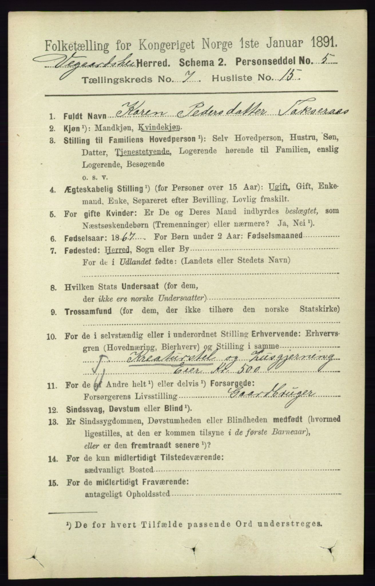 RA, 1891 census for 0912 Vegårshei, 1891, p. 1437