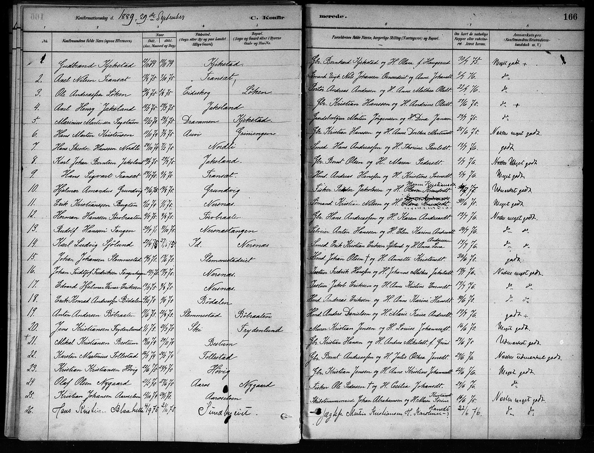 Røyken kirkebøker, SAKO/A-241/F/Fa/L0008: Parish register (official) no. 8, 1880-1897, p. 166
