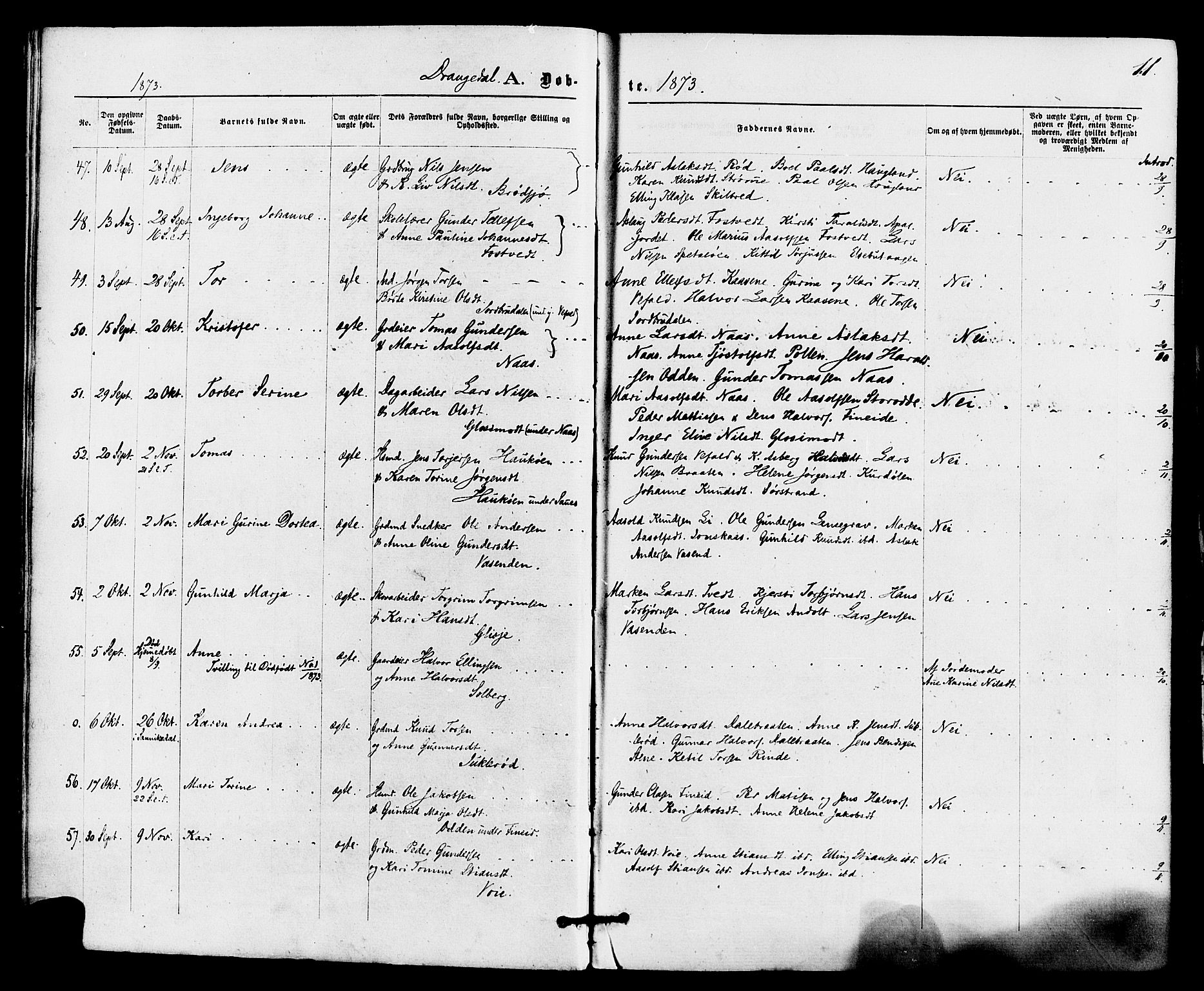 Drangedal kirkebøker, SAKO/A-258/F/Fa/L0009: Parish register (official) no. 9 /1, 1872-1884, p. 11