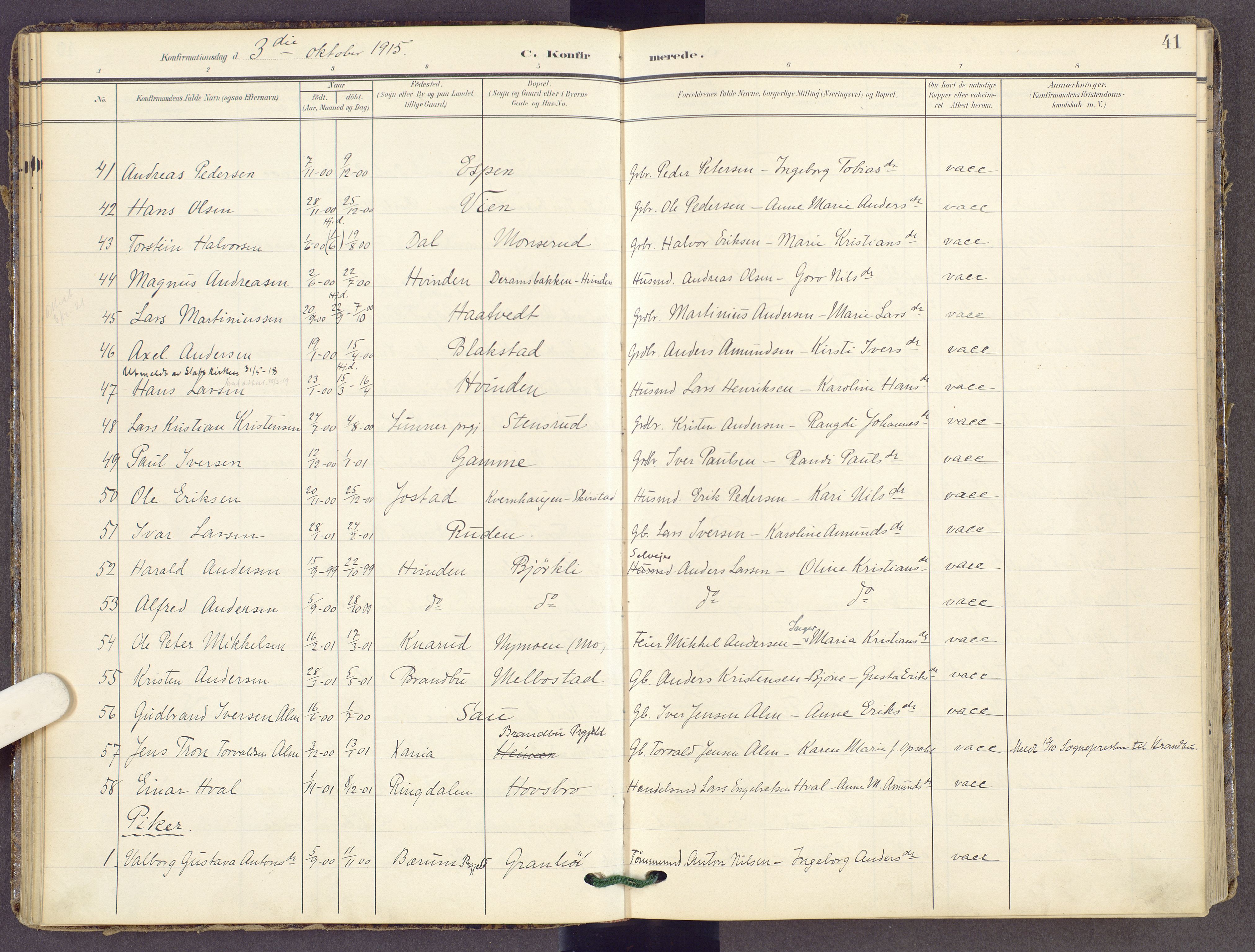 Gran prestekontor, AV/SAH-PREST-112/H/Ha/Haa/L0022: Parish register (official) no. 22, 1908-1918, p. 41