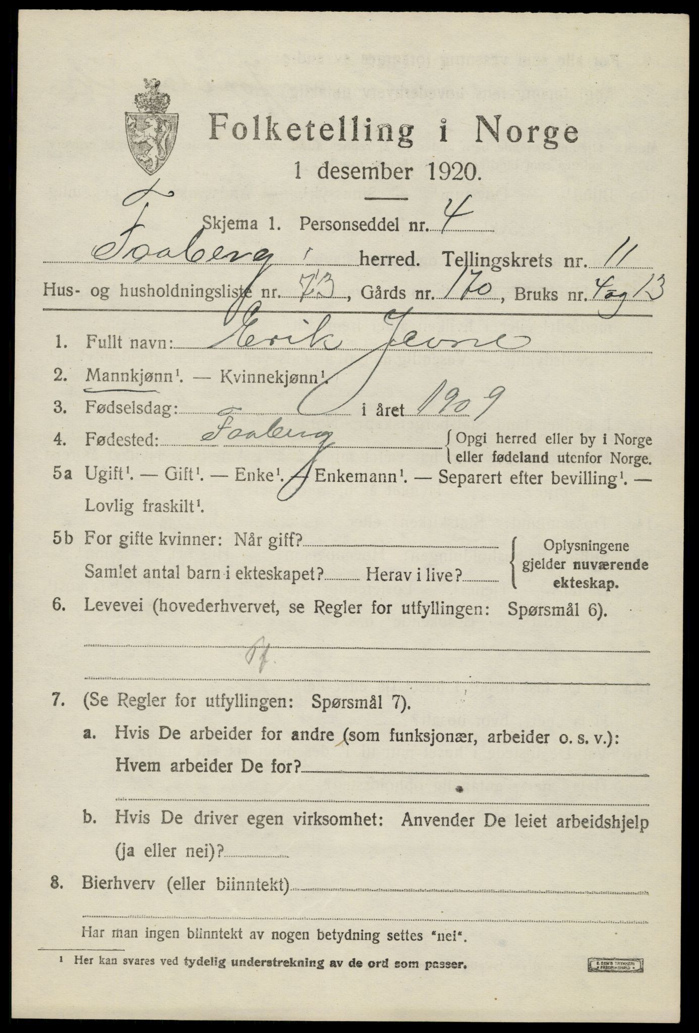 SAH, 1920 census for Fåberg, 1920, p. 12712