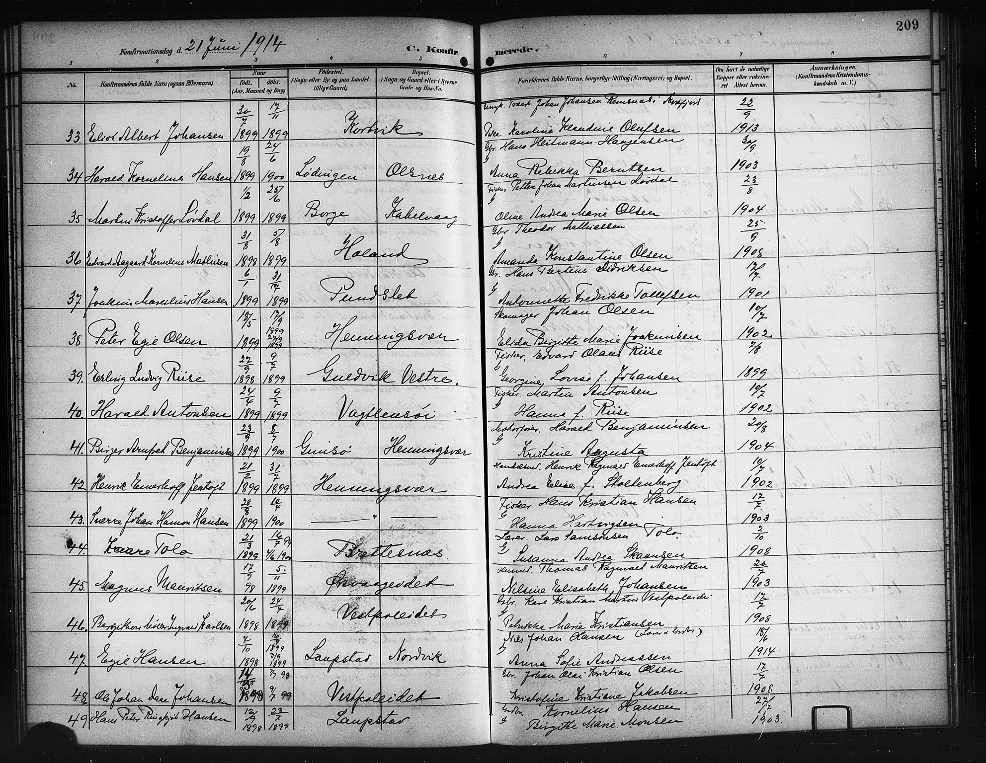 Ministerialprotokoller, klokkerbøker og fødselsregistre - Nordland, AV/SAT-A-1459/874/L1079: Parish register (copy) no. 874C08, 1907-1915, p. 209