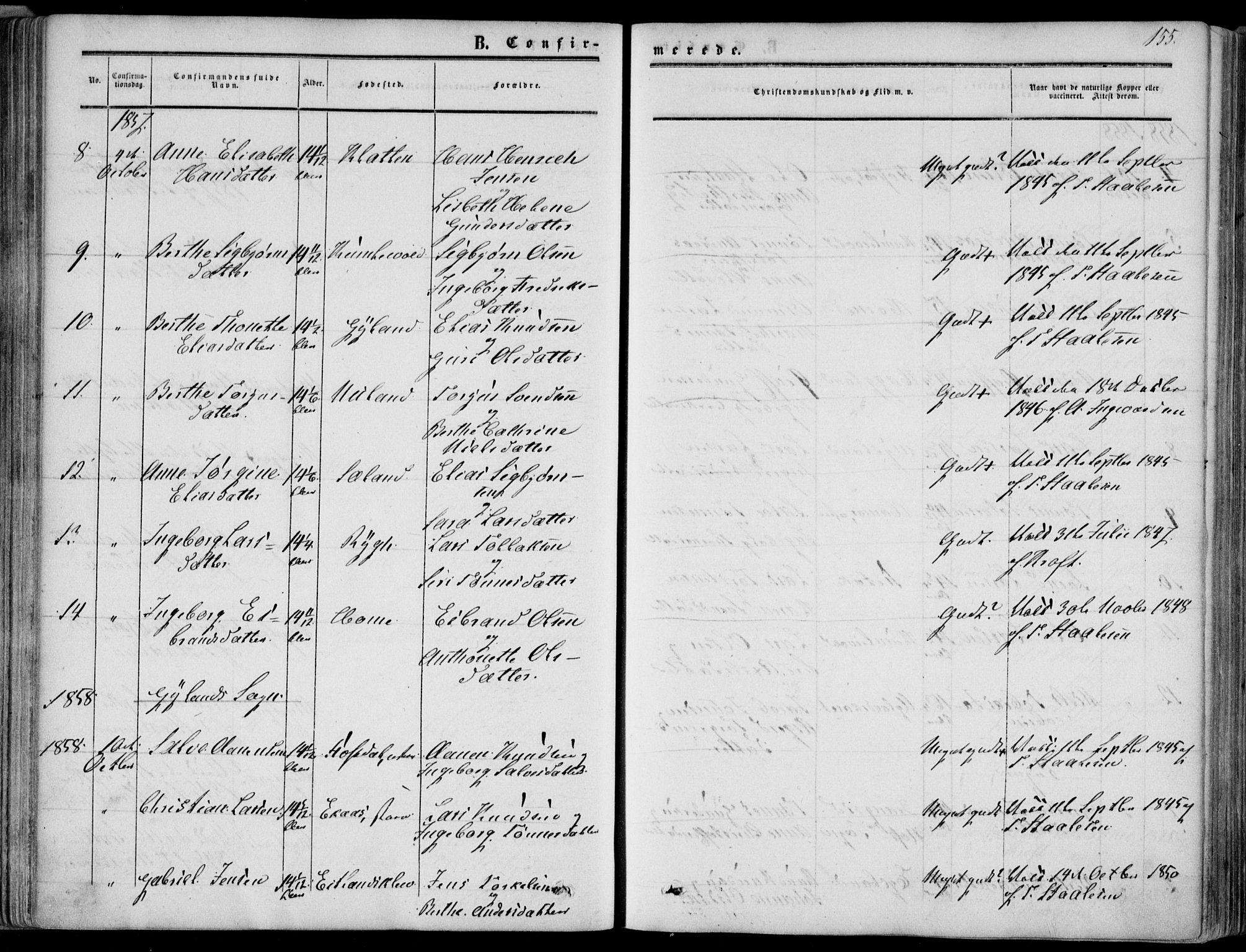 Bakke sokneprestkontor, SAK/1111-0002/F/Fa/Fab/L0002: Parish register (official) no. A 2, 1855-1884, p. 155