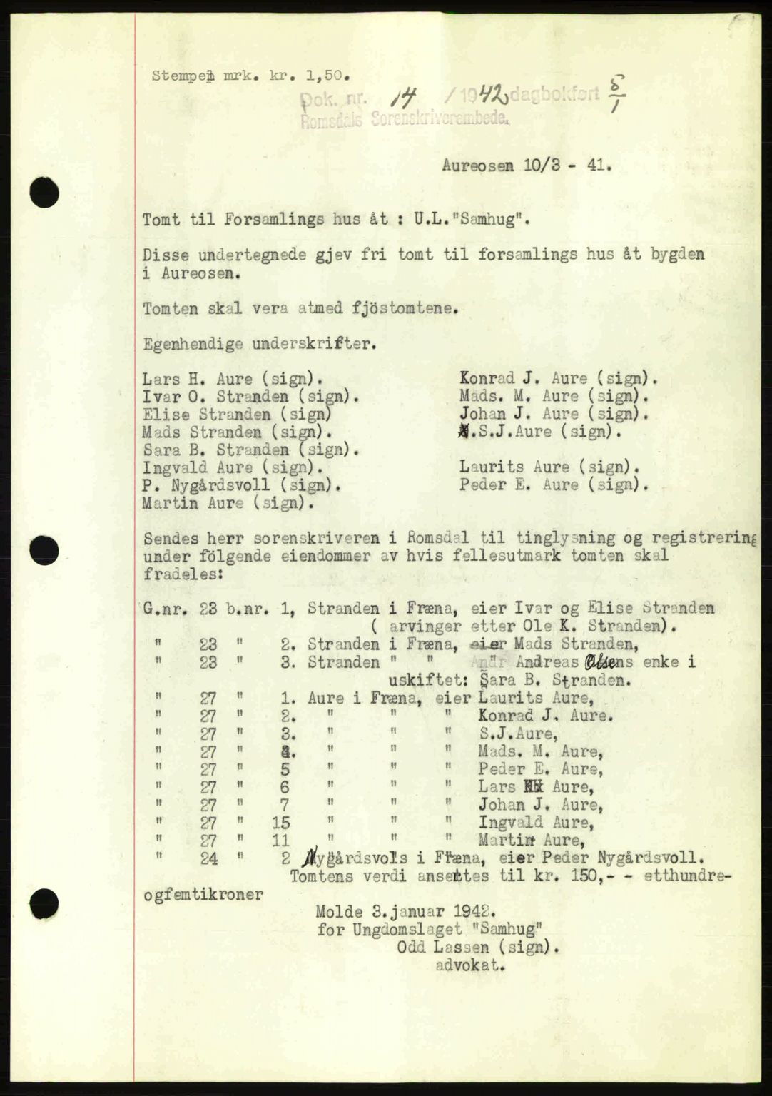 Romsdal sorenskriveri, AV/SAT-A-4149/1/2/2C: Mortgage book no. A11, 1941-1942, Diary no: : 14/1942