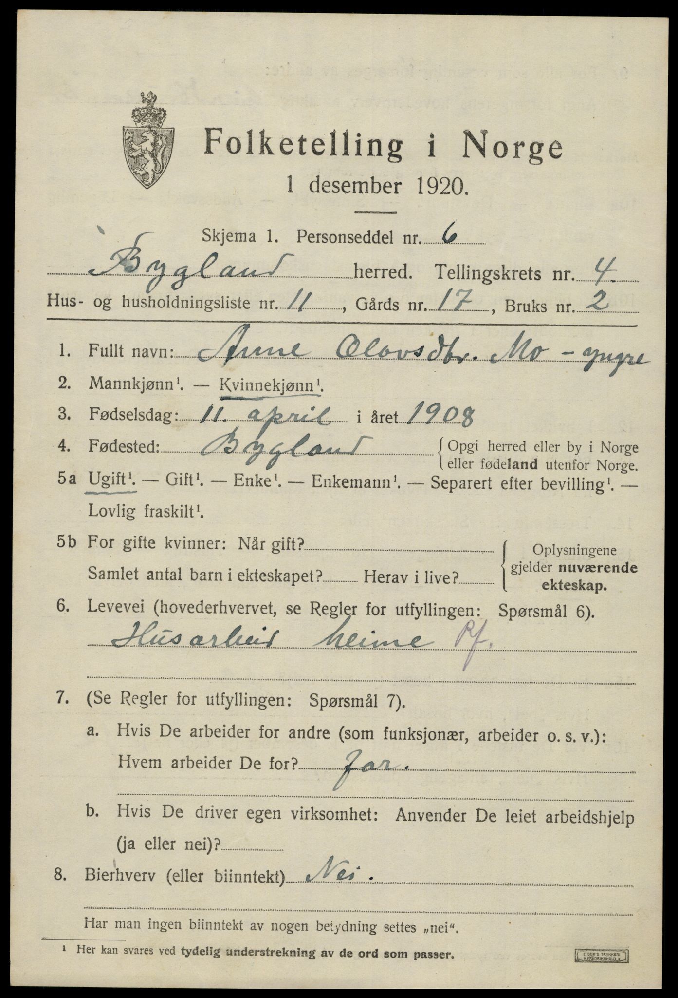 SAK, 1920 census for Bygland, 1920, p. 1849