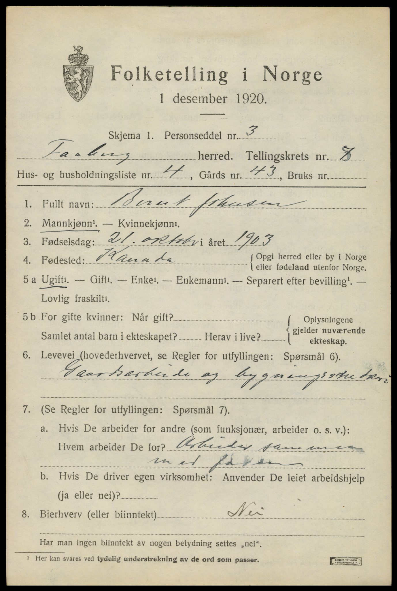 SAH, 1920 census for Fåberg, 1920, p. 9262