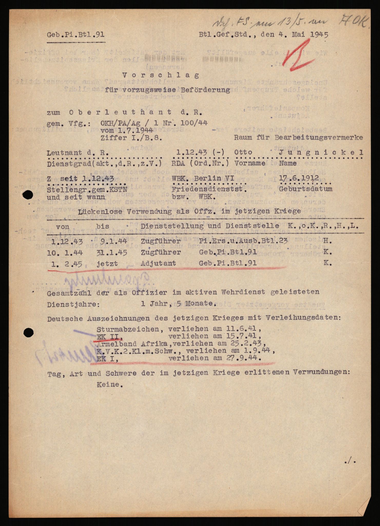 Forsvarets Overkommando. 2 kontor. Arkiv 11.4. Spredte tyske arkivsaker, AV/RA-RAFA-7031/D/Dar/Dara/L0018: Personalbøker, 1940-1945, p. 835