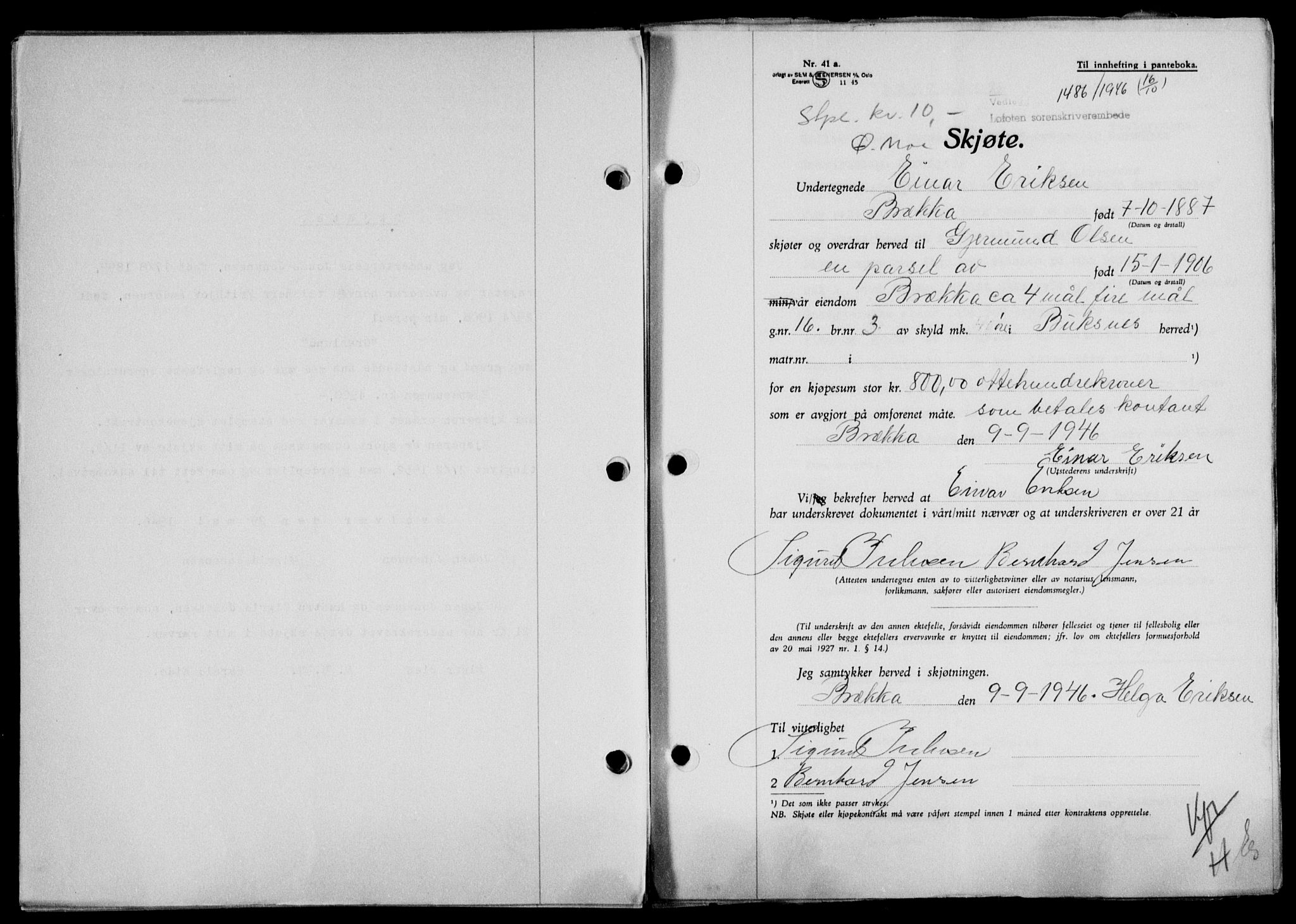 Lofoten sorenskriveri, SAT/A-0017/1/2/2C/L0014a: Mortgage book no. 14a, 1946-1946, Diary no: : 1486/1946