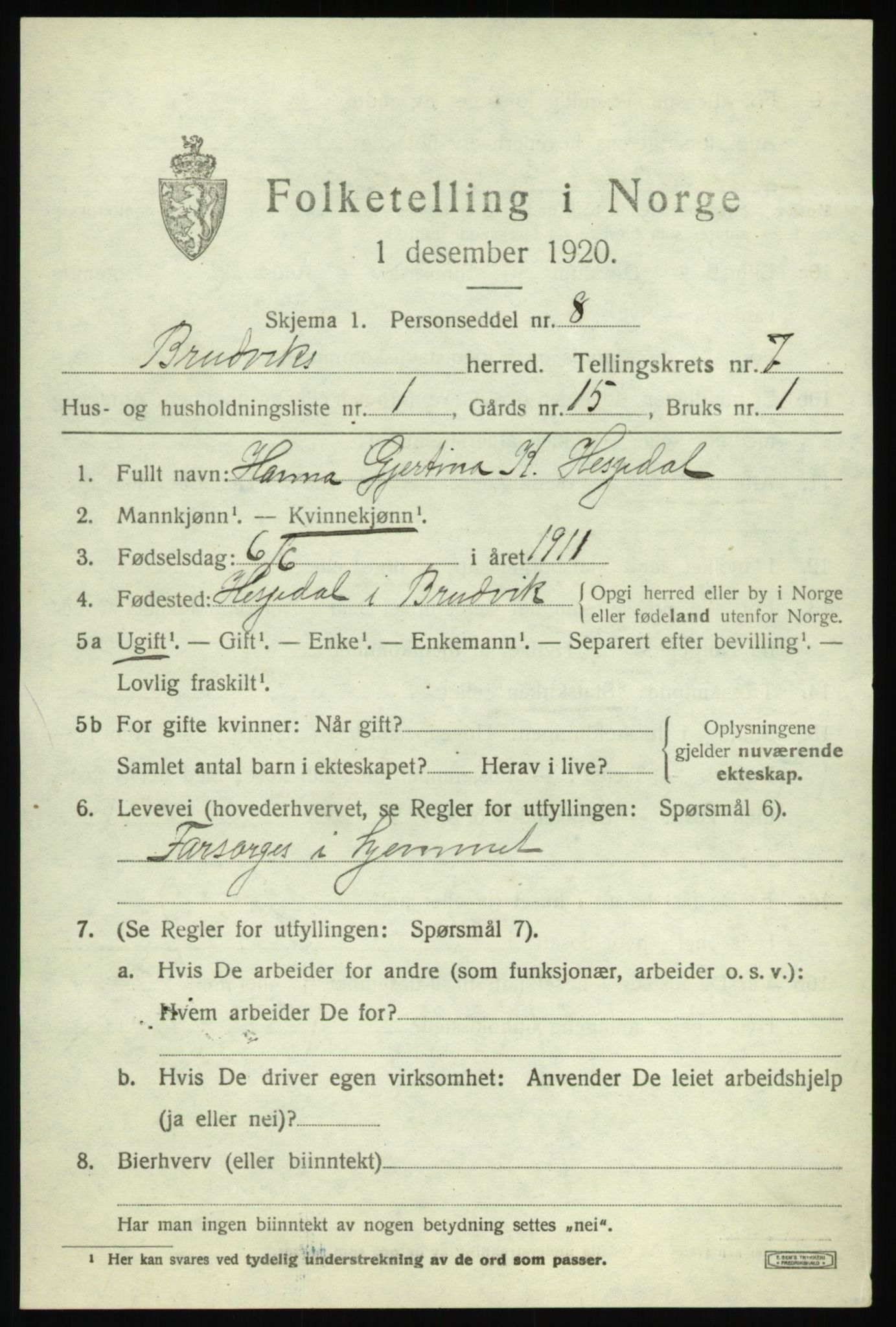 SAB, 1920 census for Bruvik, 1920, p. 4904