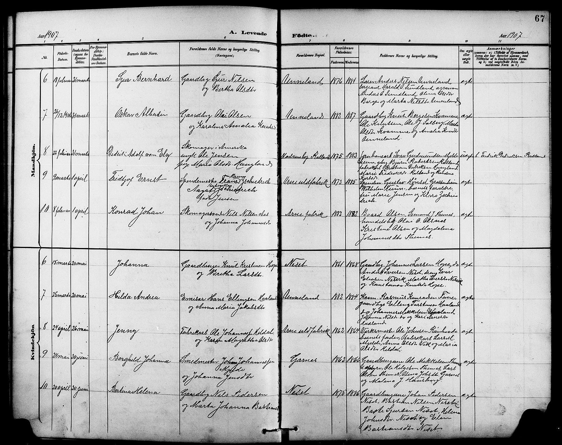 Arna sokneprestembete, AV/SAB-A-74001/H/Ha/Hab: Parish register (copy) no. A 4, 1898-1910, p. 67