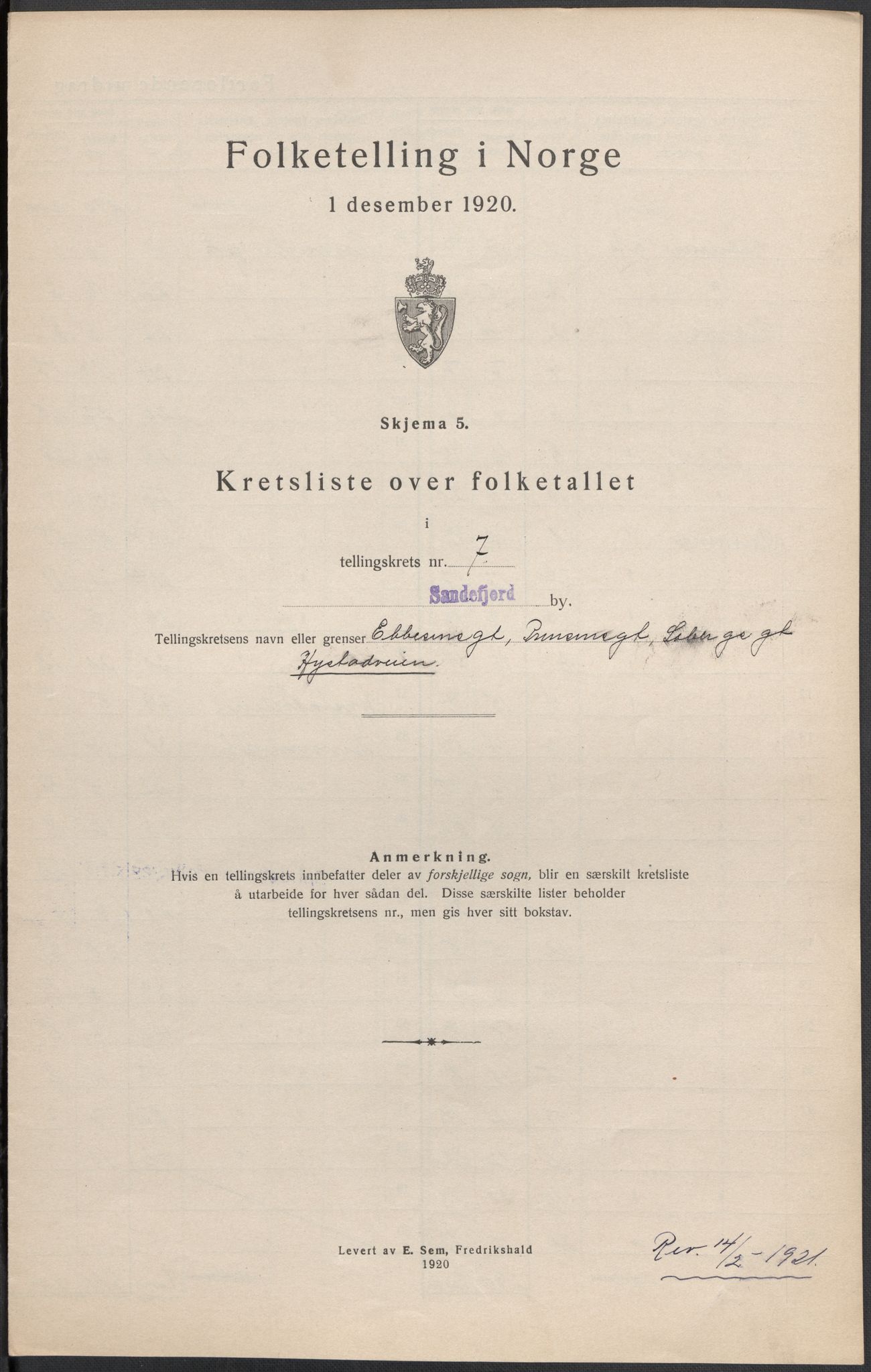 SAKO, 1920 census for Sandefjord, 1920, p. 24