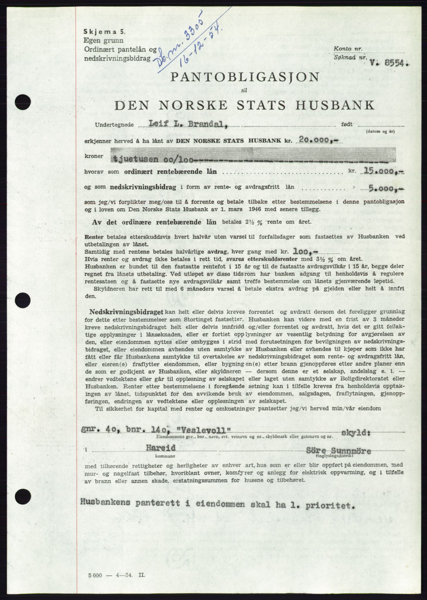 Søre Sunnmøre sorenskriveri, AV/SAT-A-4122/1/2/2C/L0126: Mortgage book no. 14B, 1954-1955, Diary no: : 3305/1954