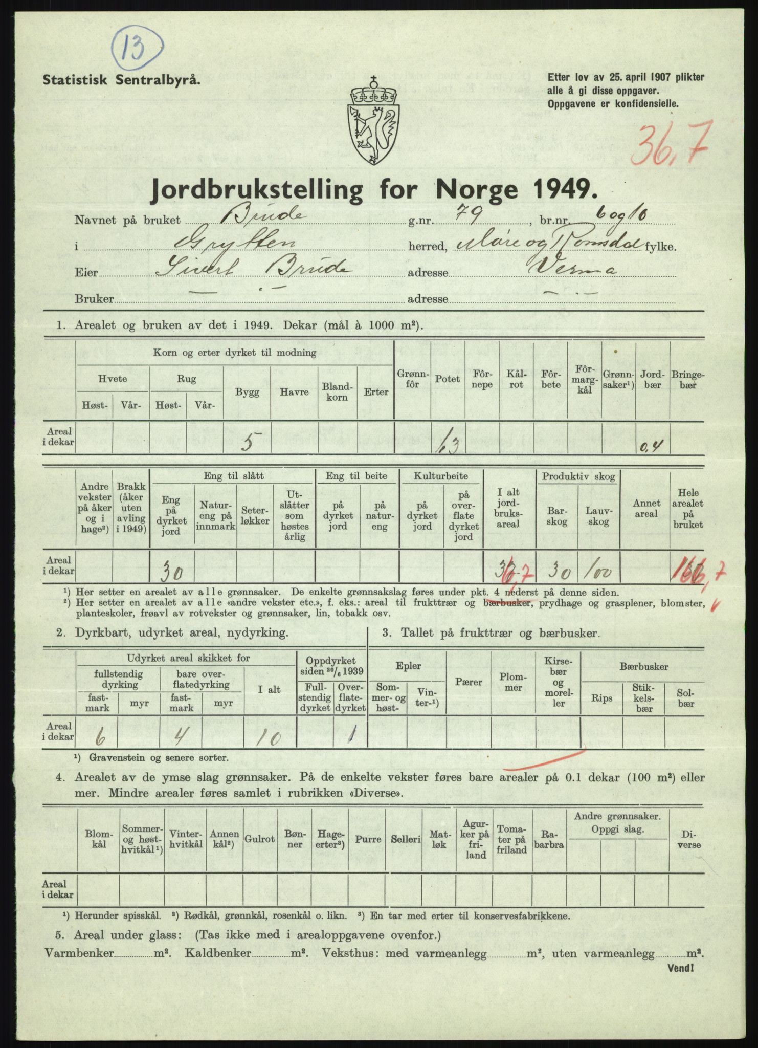 Statistisk sentralbyrå, Næringsøkonomiske emner, Jordbruk, skogbruk, jakt, fiske og fangst, AV/RA-S-2234/G/Gc/L0323: Møre og Romsdal: Grytten og Hen, 1949, p. 255