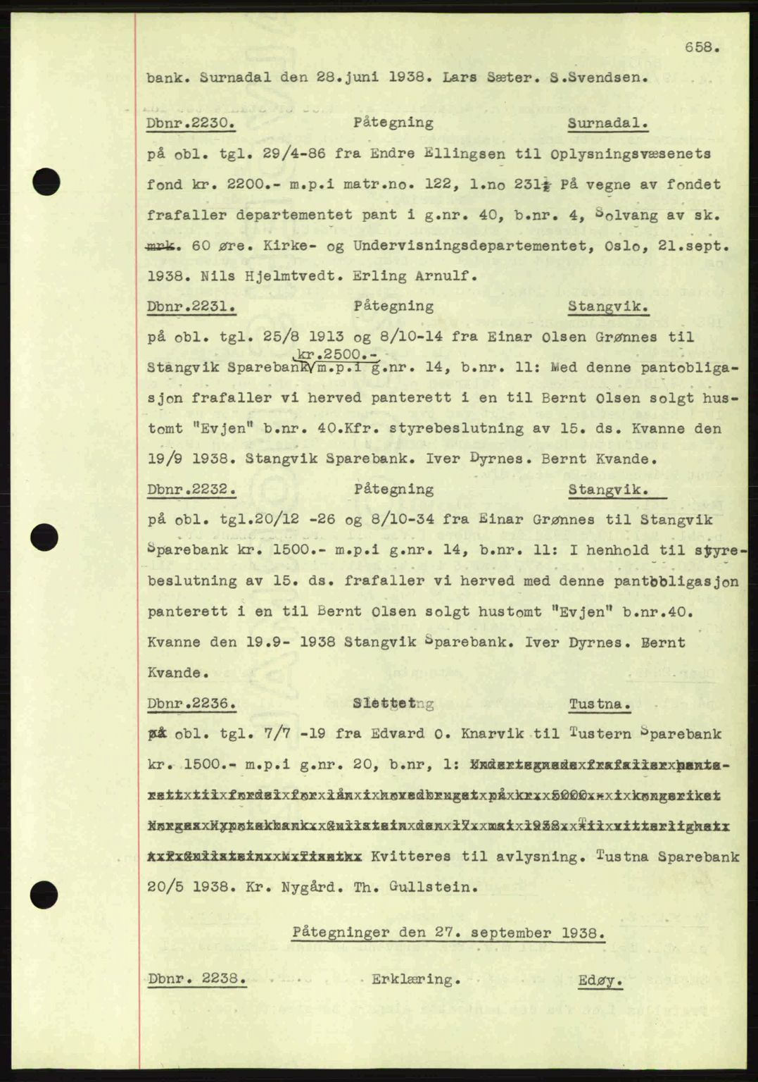 Nordmøre sorenskriveri, AV/SAT-A-4132/1/2/2Ca: Mortgage book no. C80, 1936-1939, Diary no: : 2230/1938