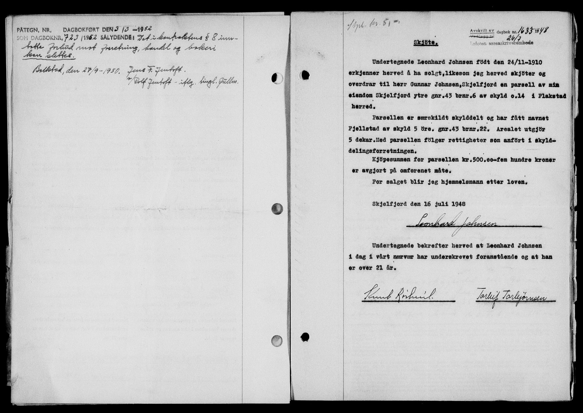 Lofoten sorenskriveri, SAT/A-0017/1/2/2C/L0018a: Mortgage book no. 18a, 1948-1948, Diary no: : 1633/1948