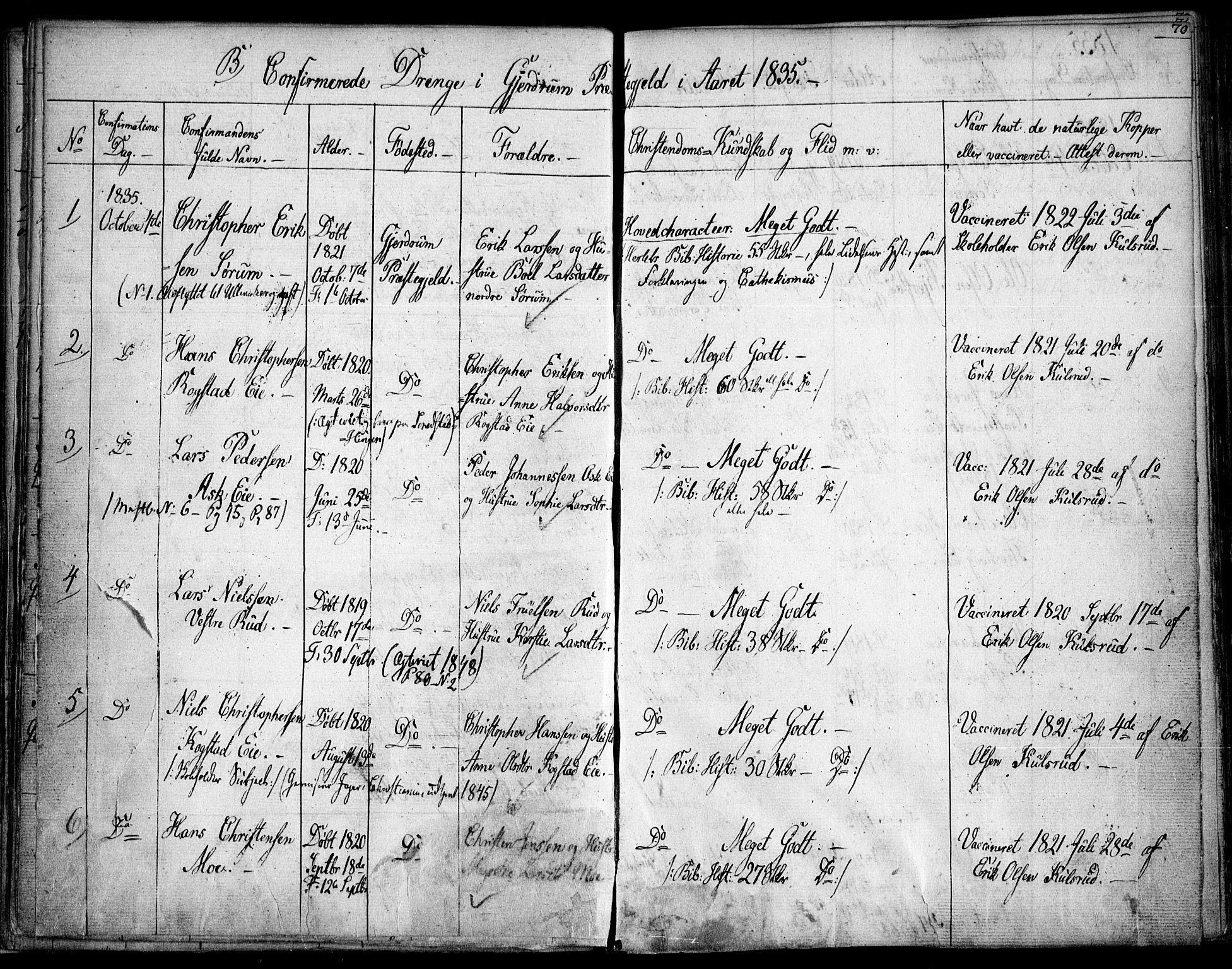Gjerdrum prestekontor Kirkebøker, SAO/A-10412b/F/Fa/L0005: Parish register (official) no. I 5, 1835-1845, p. 70