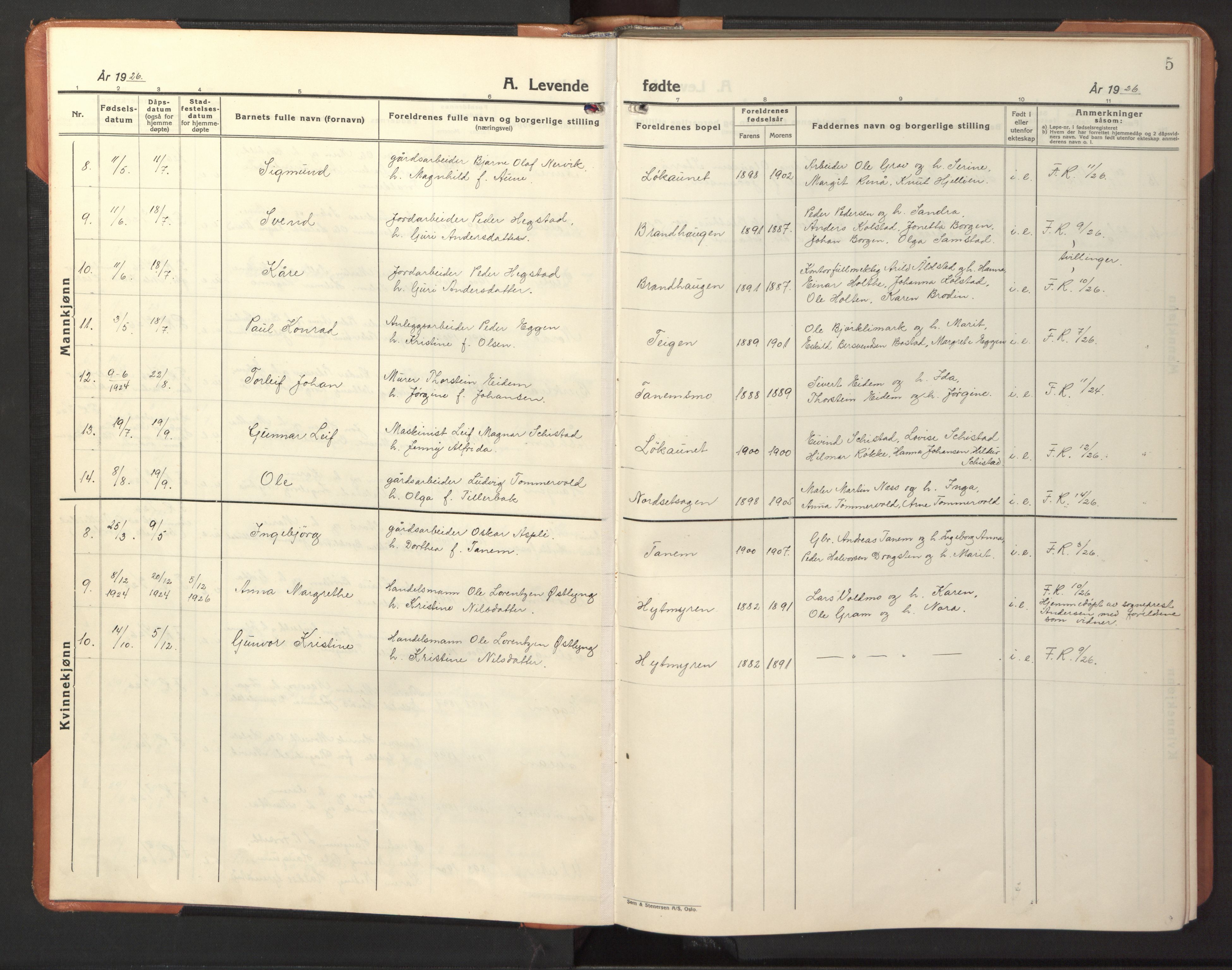Ministerialprotokoller, klokkerbøker og fødselsregistre - Sør-Trøndelag, SAT/A-1456/618/L0454: Parish register (copy) no. 618C05, 1926-1946, p. 5
