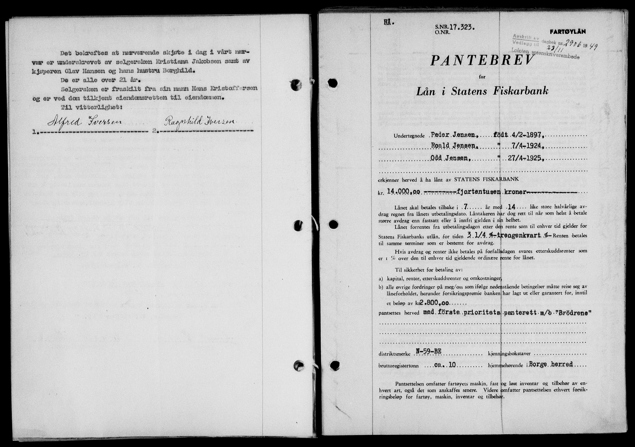 Lofoten sorenskriveri, SAT/A-0017/1/2/2C/L0022a: Mortgage book no. 22a, 1949-1950, Diary no: : 2906/1949