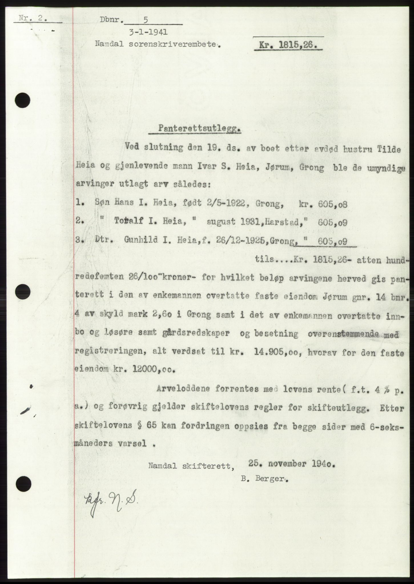 Namdal sorenskriveri, SAT/A-4133/1/2/2C: Mortgage book no. -, 1940-1941, Deed date: 03.01.1941