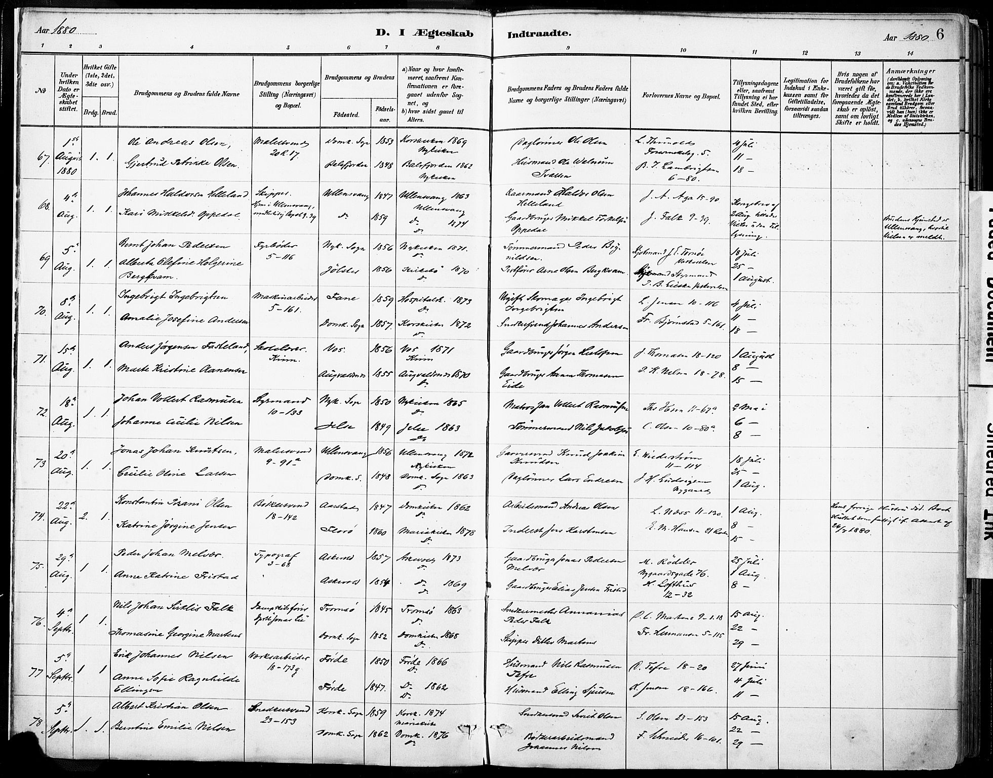 Domkirken sokneprestembete, SAB/A-74801/H/Haa/L0037: Parish register (official) no. D 4, 1880-1907, p. 6