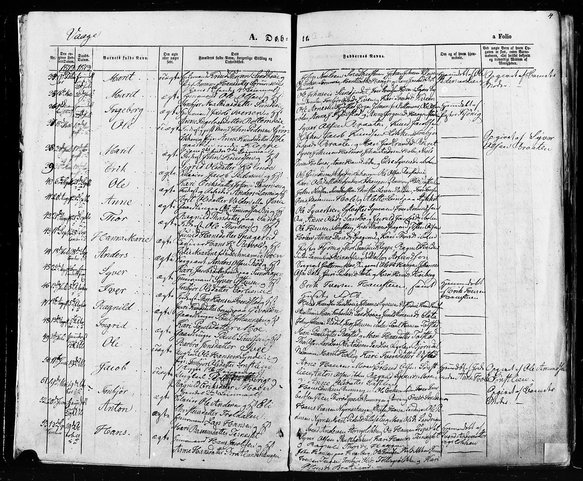 Vågå prestekontor, SAH/PREST-076/H/Ha/Haa/L0007: Parish register (official) no. 7 /1, 1872-1886, p. 4