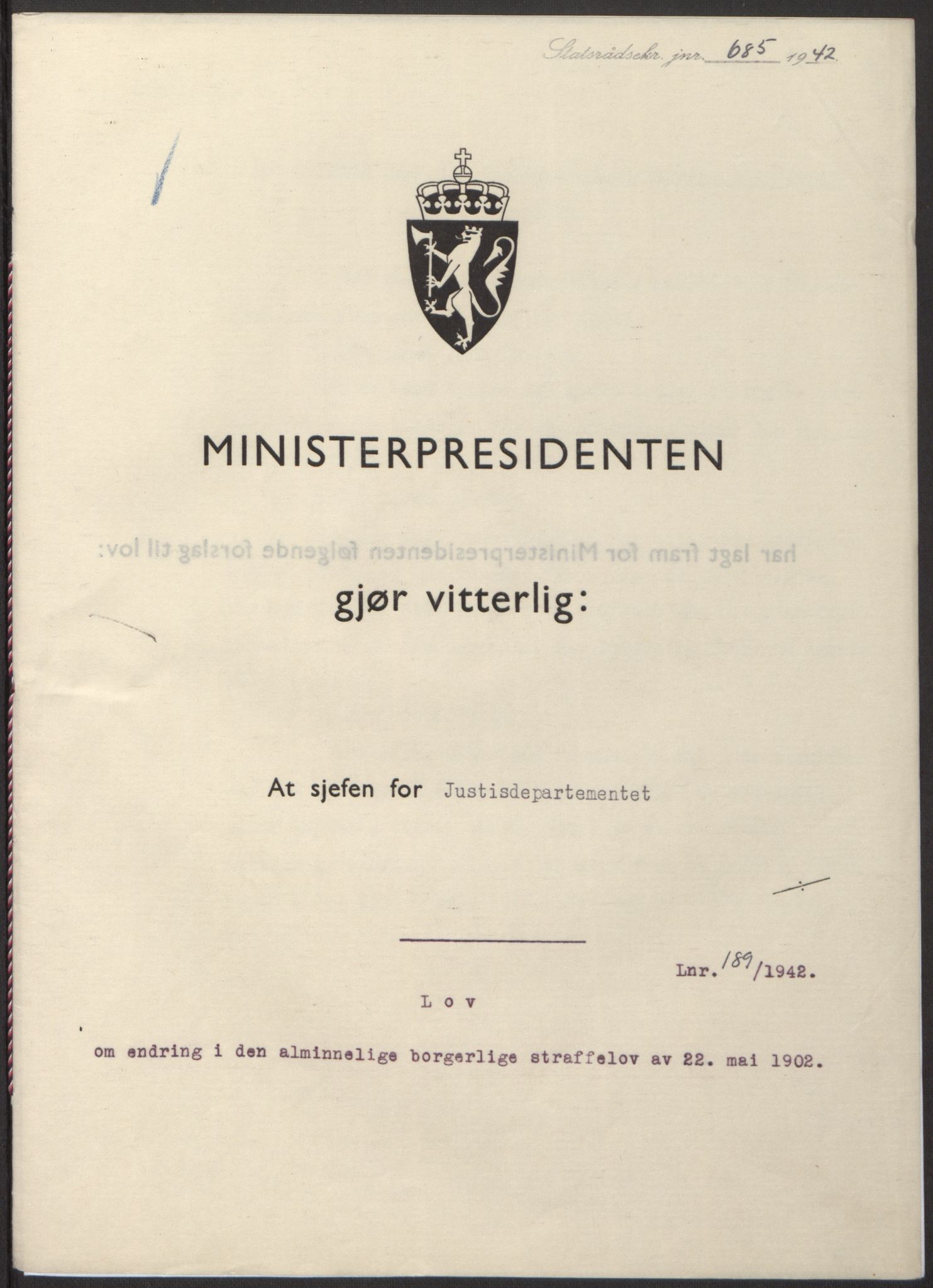 NS-administrasjonen 1940-1945 (Statsrådsekretariatet, de kommisariske statsråder mm), RA/S-4279/D/Db/L0098: Lover II, 1942, p. 361