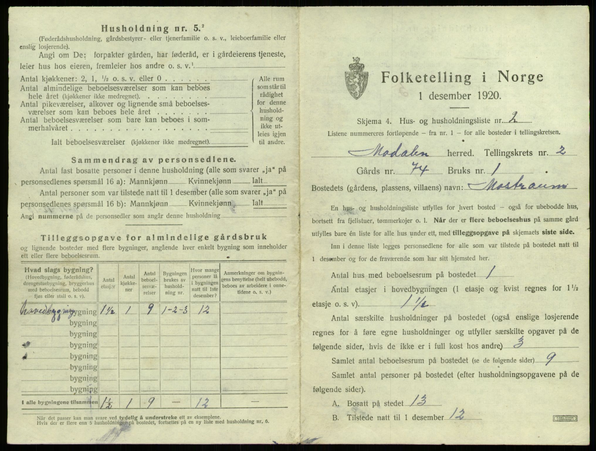 SAB, 1920 census for Modalen, 1920, p. 52