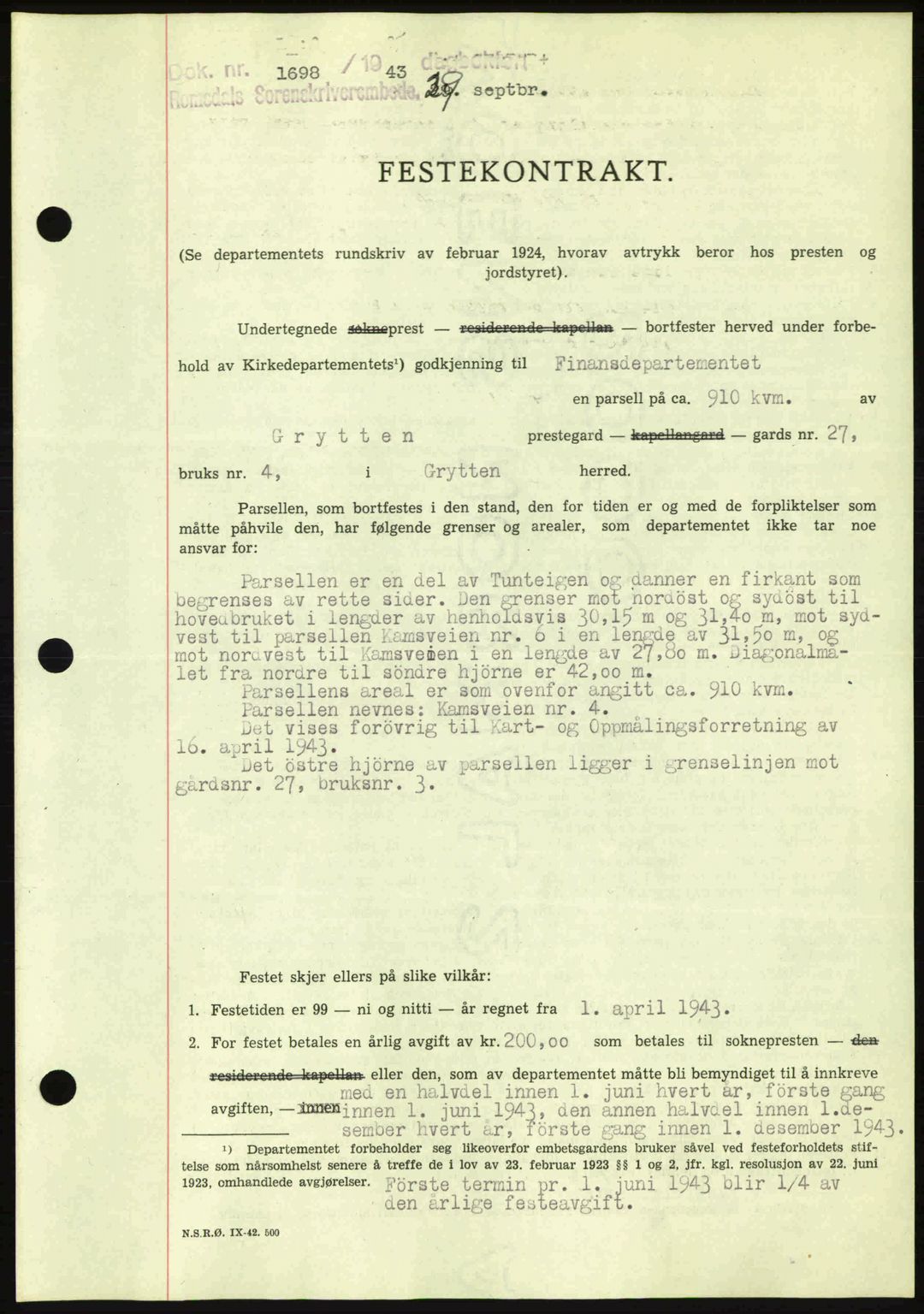 Romsdal sorenskriveri, AV/SAT-A-4149/1/2/2C: Mortgage book no. A15, 1943-1944, Diary no: : 1698/1943