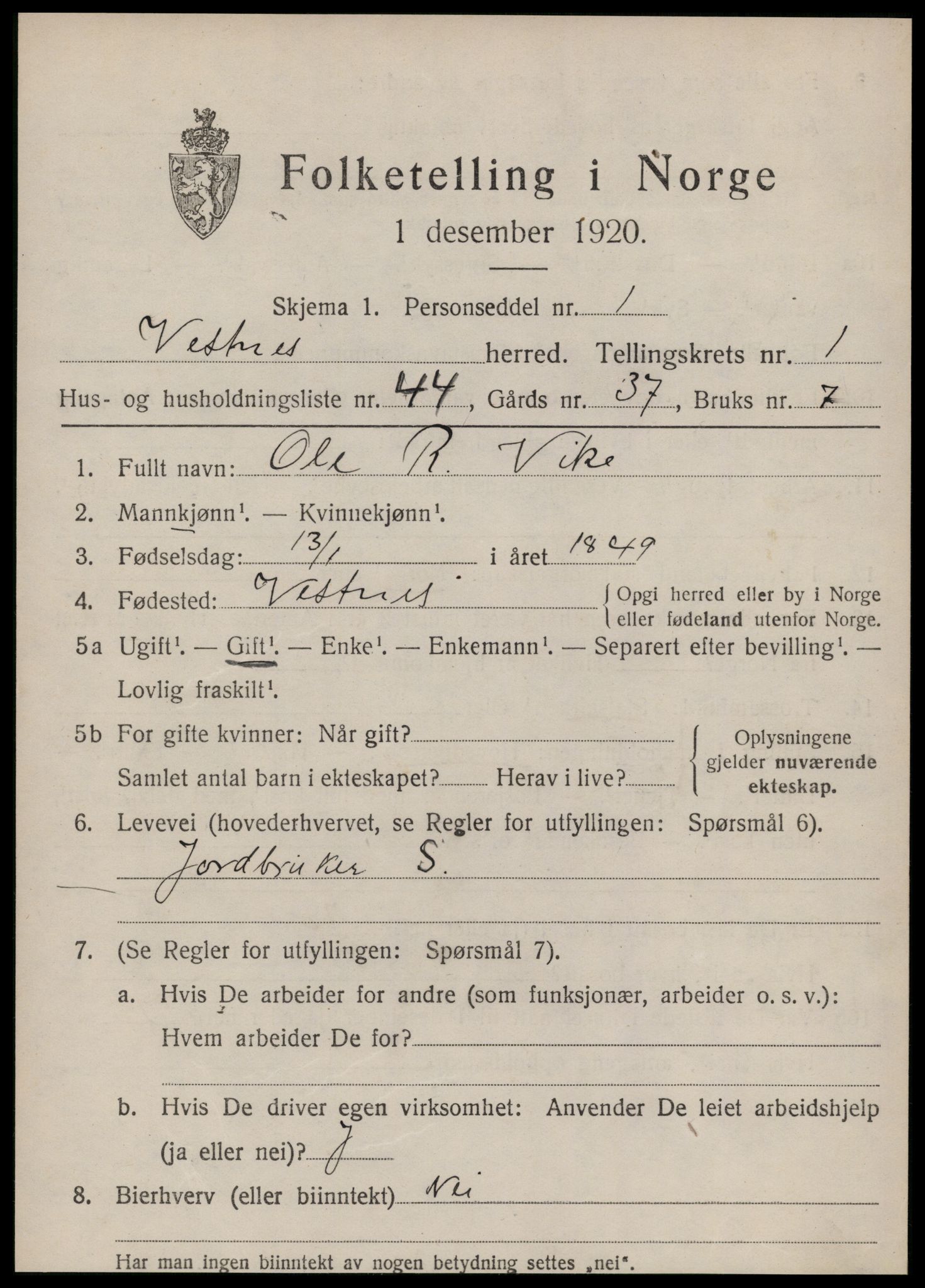 SAT, 1920 census for Vestnes, 1920, p. 1747