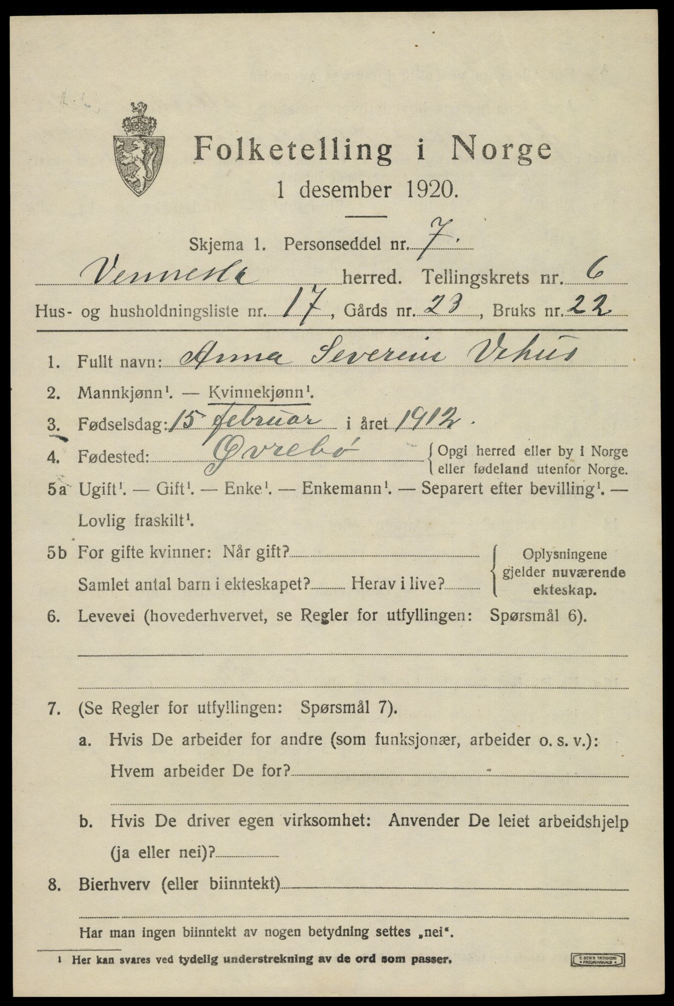 SAK, 1920 census for Vennesla, 1920, p. 4516