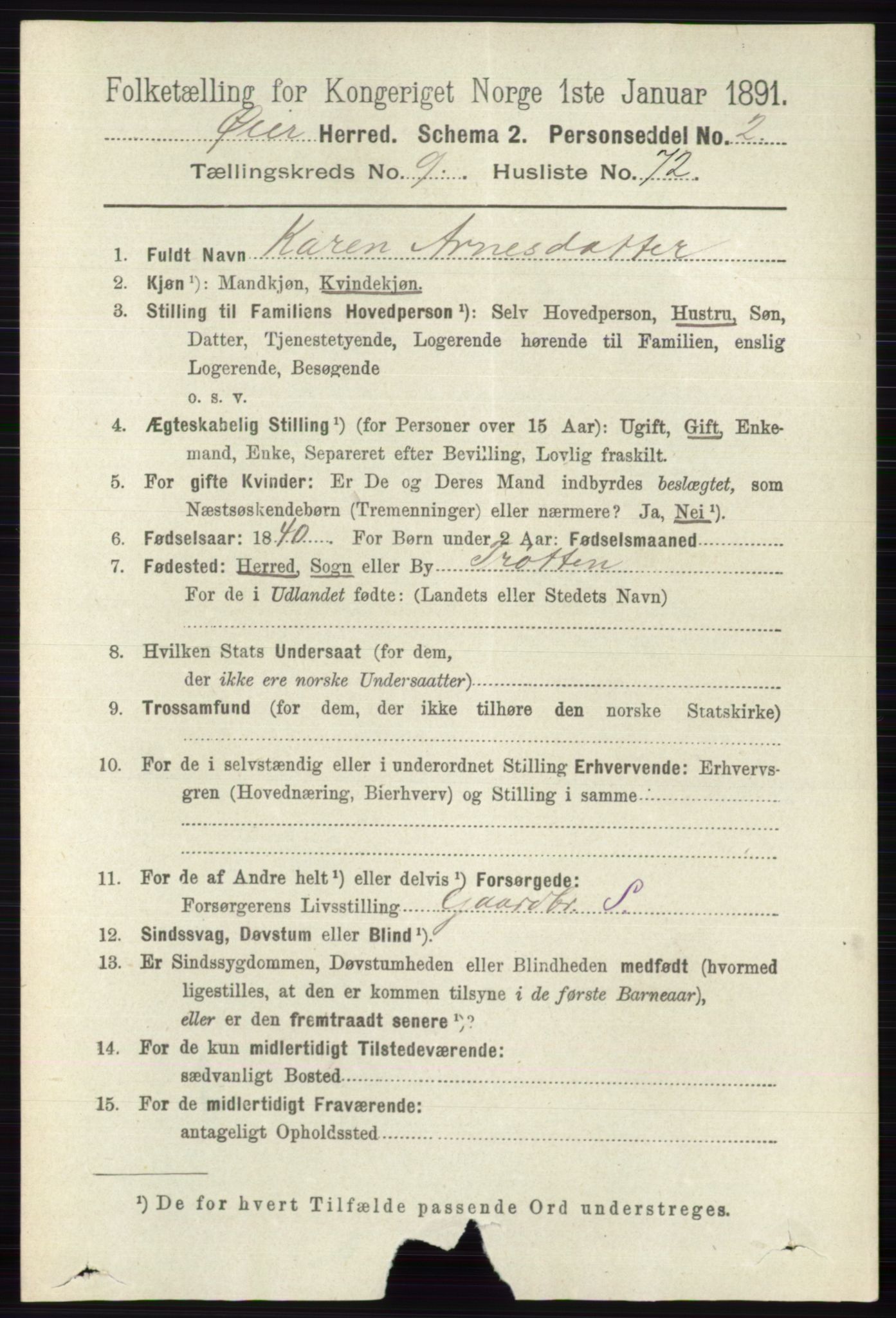 RA, 1891 census for 0521 Øyer, 1891, p. 3490