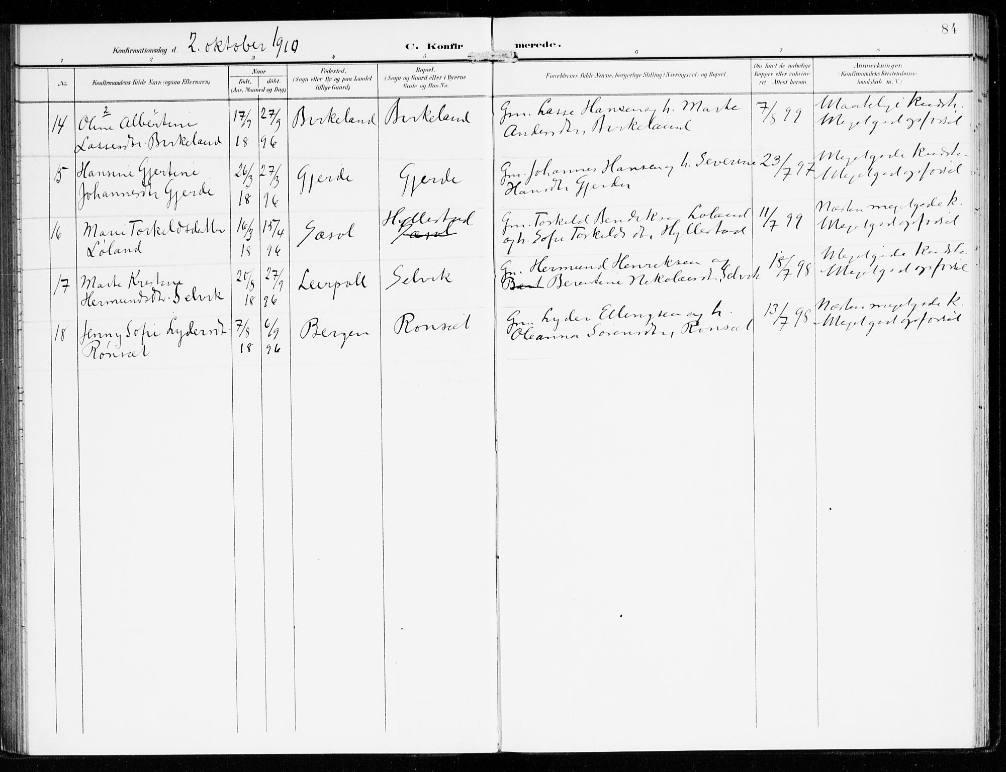 Hyllestad sokneprestembete, AV/SAB-A-80401: Parish register (official) no. B 2, 1903-1917, p. 84