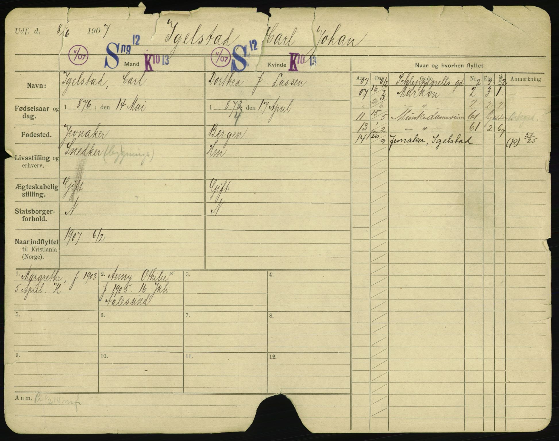Oslo folkeregister, Registerkort, AV/SAO-A-11715/F/Fa/Fac/L0005: Menn, 1906-1914, p. 1a